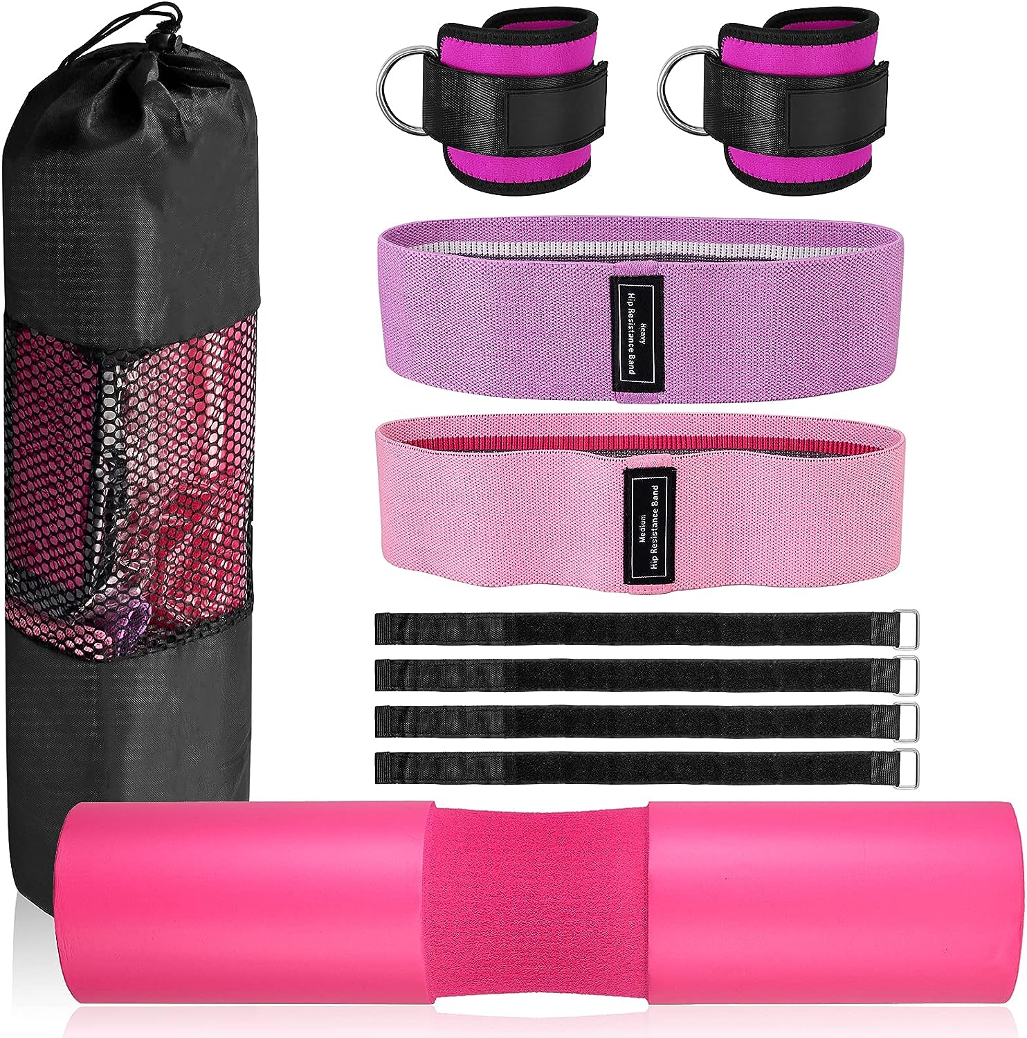 VINTEAM Barbell Pad Set for Squats Hip Thrusts Upgraded Bar Neck Pads Workout Foam Weightlifting Cushion with 2 Gym Ankle Straps 2 Hip Resistance Bands Fits Standard Olympic Bars with a Carry Bag