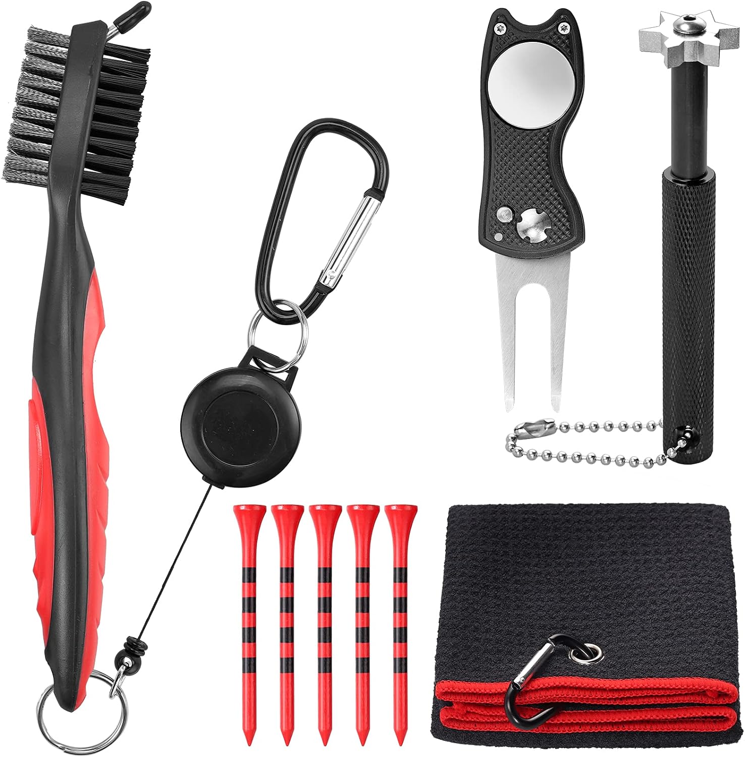 VINTEAM Golf Accessories Gift Set, Golf Towel, Golf Club Brush with Groove Cleaner, Foldable Divot Repair Tool with Ball Marker, Club Groove Cleaner Set and Golf Tee Holder - Golf Club Cleaning Kit