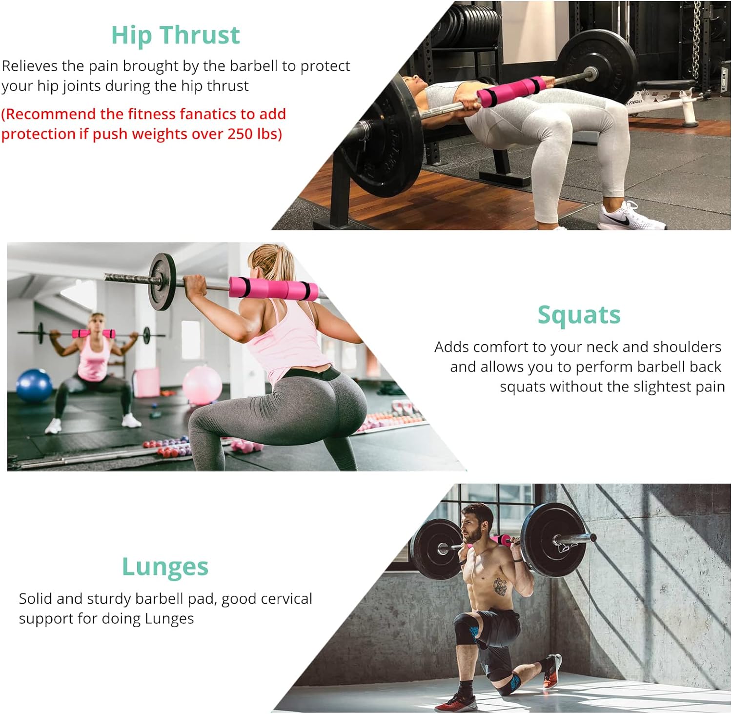 VINTEAM Barbell Pad Set for Squats Hip Thrusts Upgraded Bar Neck Pads Workout Foam Weightlifting Cushion with 2 Gym Ankle Straps 2 Hip Resistance Bands Fits Standard Olympic Bars with a Carry Bag