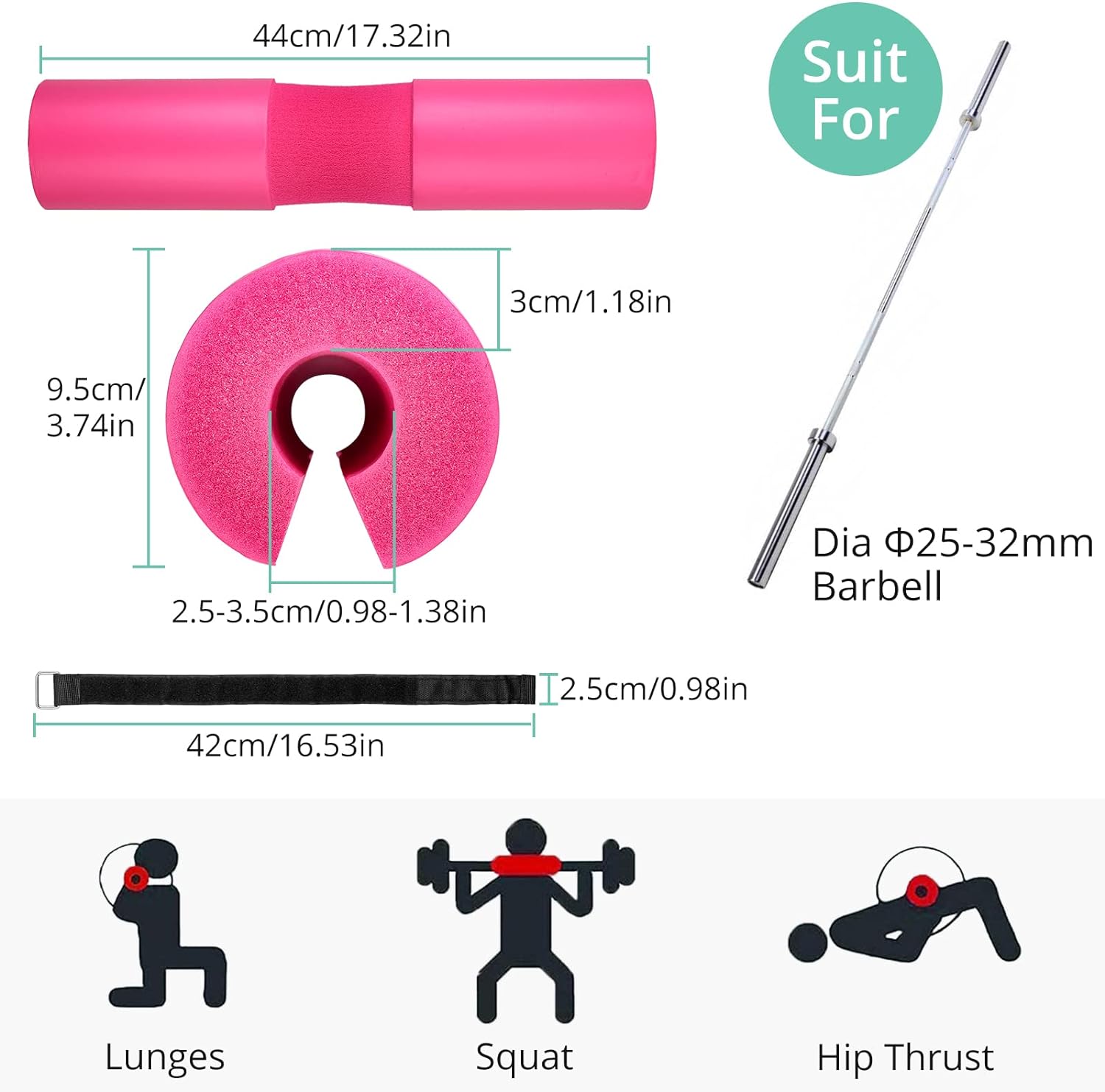 VINTEAM Barbell Pad Set for Squats Hip Thrusts Upgraded Bar Neck Pads Workout Foam Weightlifting Cushion with 2 Gym Ankle Straps 2 Hip Resistance Bands Fits Standard Olympic Bars with a Carry Bag