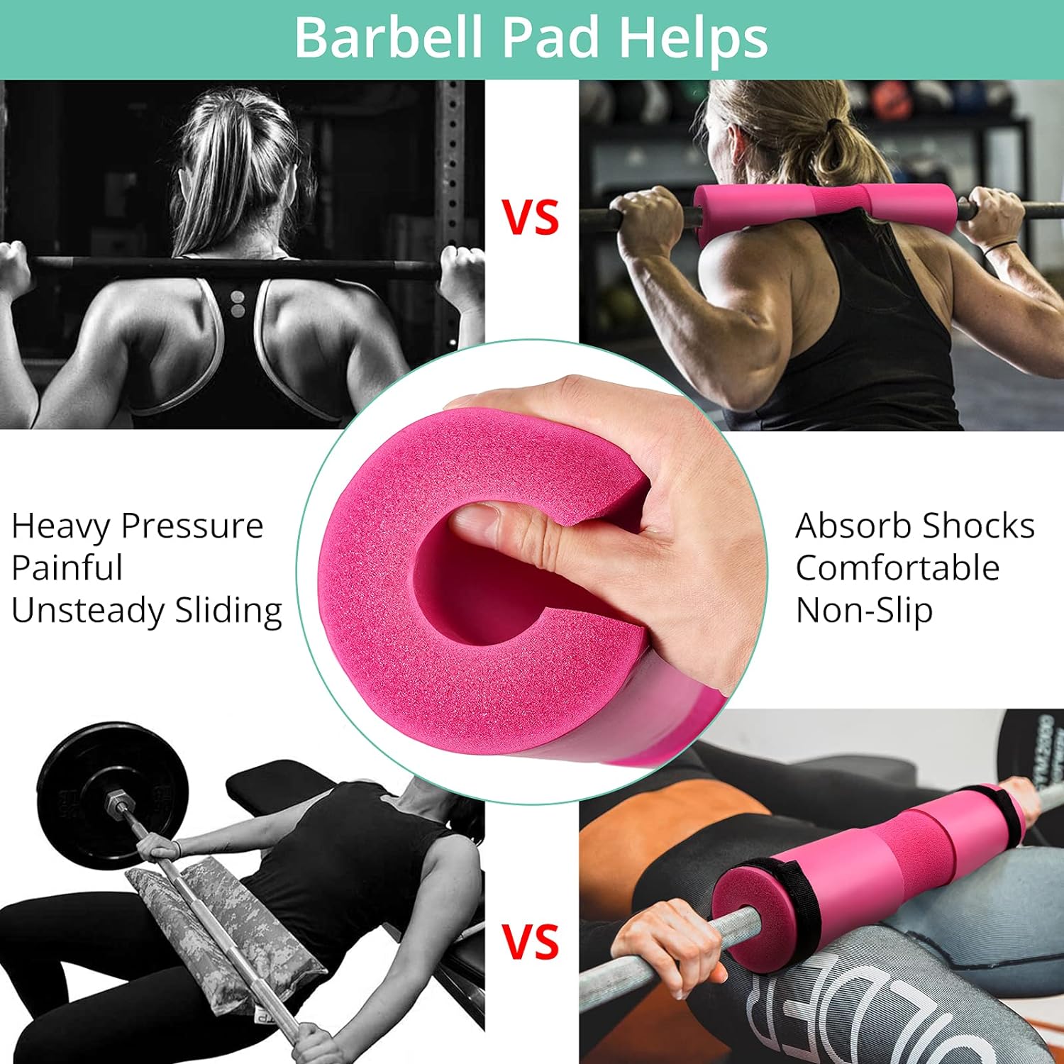 VINTEAM Barbell Pad Set for Squats Hip Thrusts Upgraded Bar Neck Pads Workout Foam Weightlifting Cushion with 2 Gym Ankle Straps 2 Hip Resistance Bands Fits Standard Olympic Bars with a Carry Bag