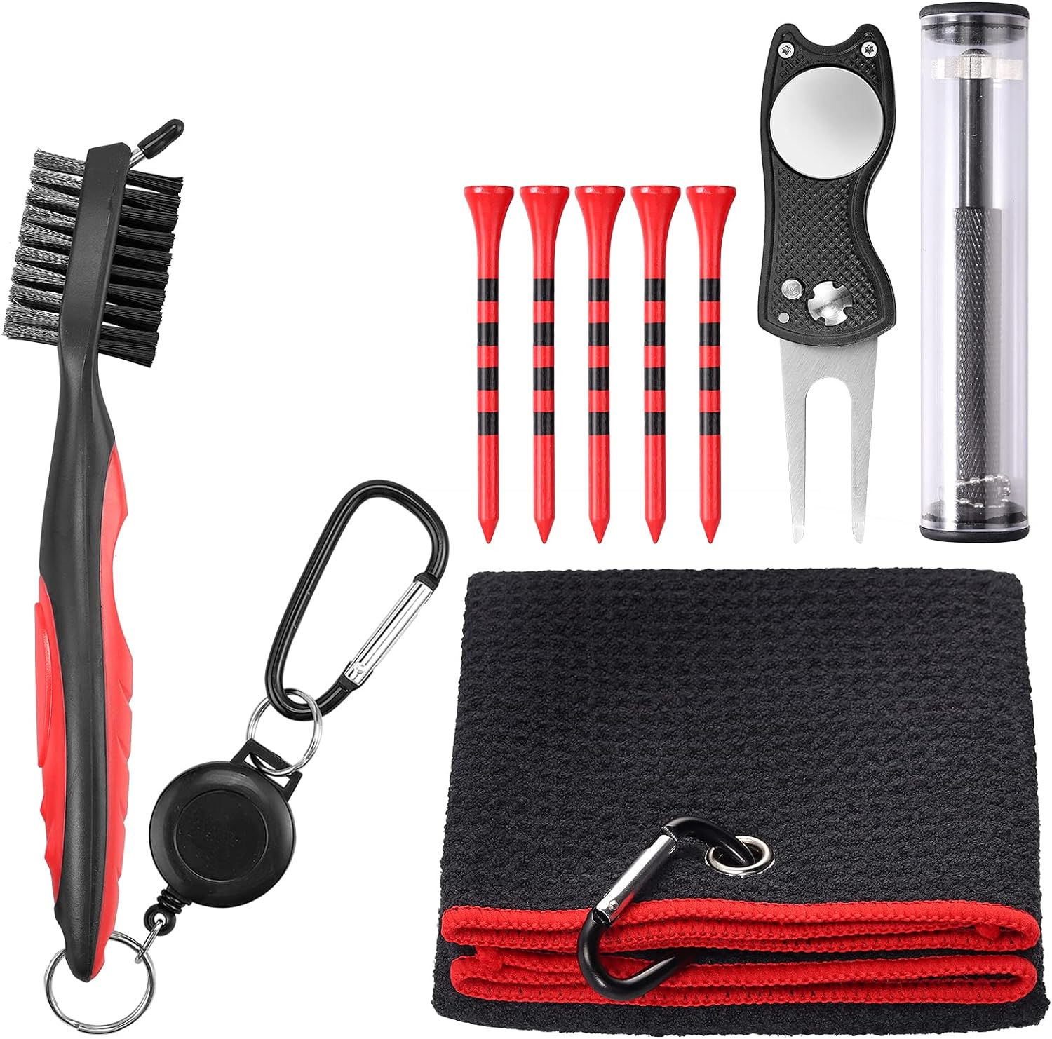 VINTEAM Golf Accessories Gift Set, Golf Towel, Golf Club Brush with Groove Cleaner, Foldable Divot Repair Tool with Ball Marker, Club Groove Cleaner Set and Golf Tee Holder - Golf Club Cleaning Kit
