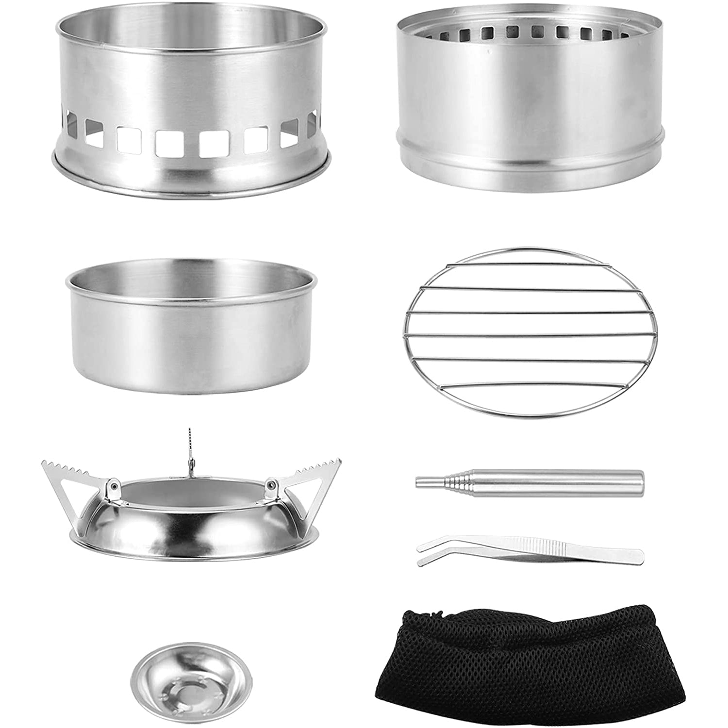 VINTEAM Camping Stove, Wood Stove Stainless Steel Backpacking Stove Potable Wood Burning Stoves with Carrying Bag for Picnic BBQ Camp Hiking with Grill Grid