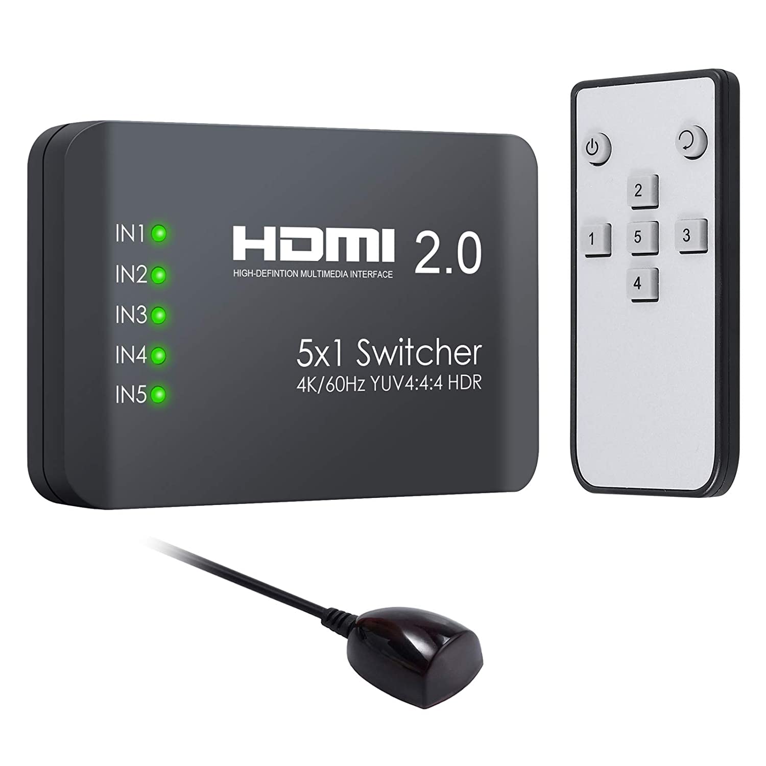 VinTeam HDMI Switch 5 Ports HDMI 2.0 Switcher Support 4K@60Hz YUV 4:4:4 and HDR HDMI Hub with IR Remote for Blu-ray One X PS4 Pro TV Box Laptop Projector HDTV