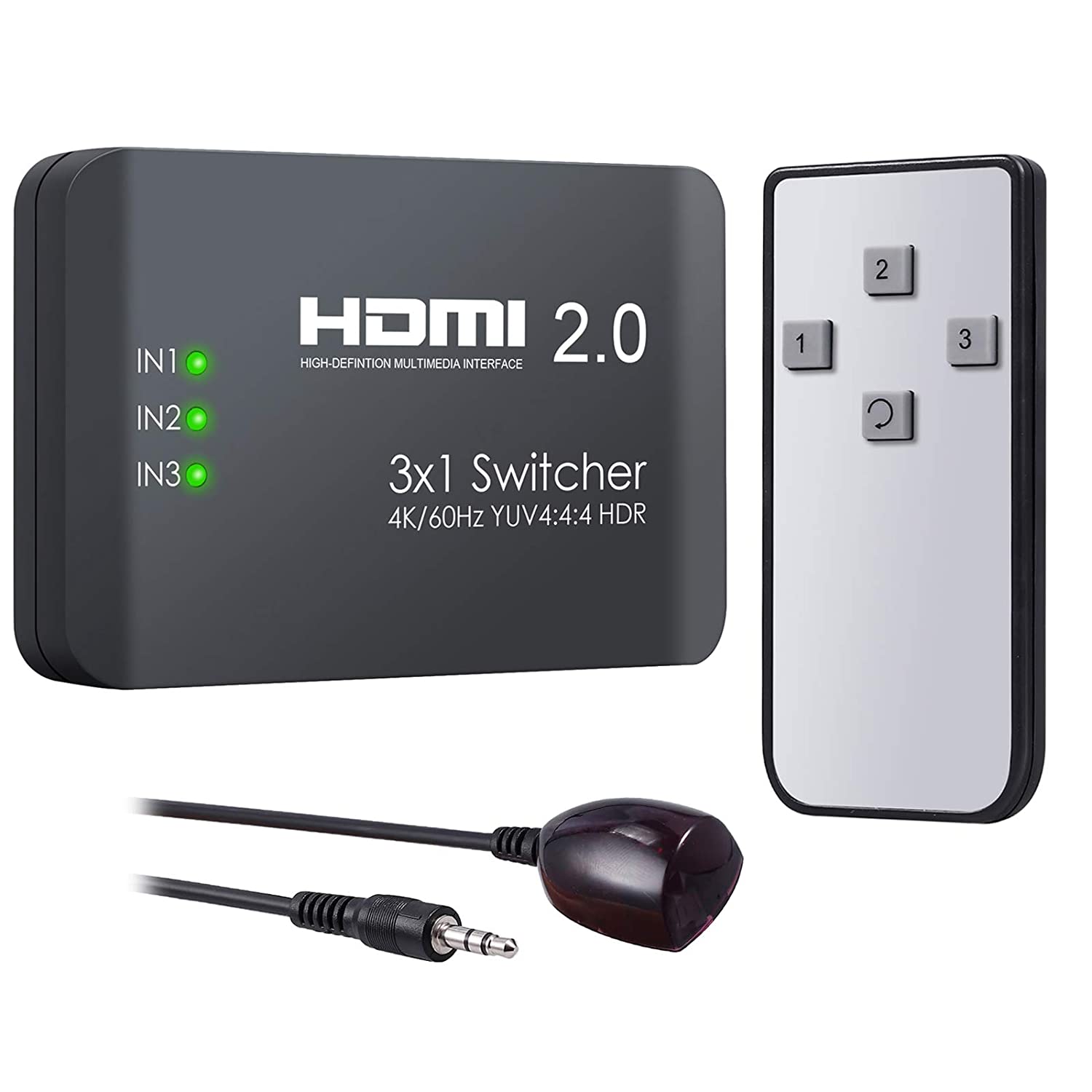 VinTeam HDMI Switch 3 Ports HDMI 2.0 Switcher Support 4K@60Hz YUV 4:4:4 and HDR HDMI Hub with IR Remote for Blu-ray One X PS4 Pro TV Box Laptop Projector HDTV