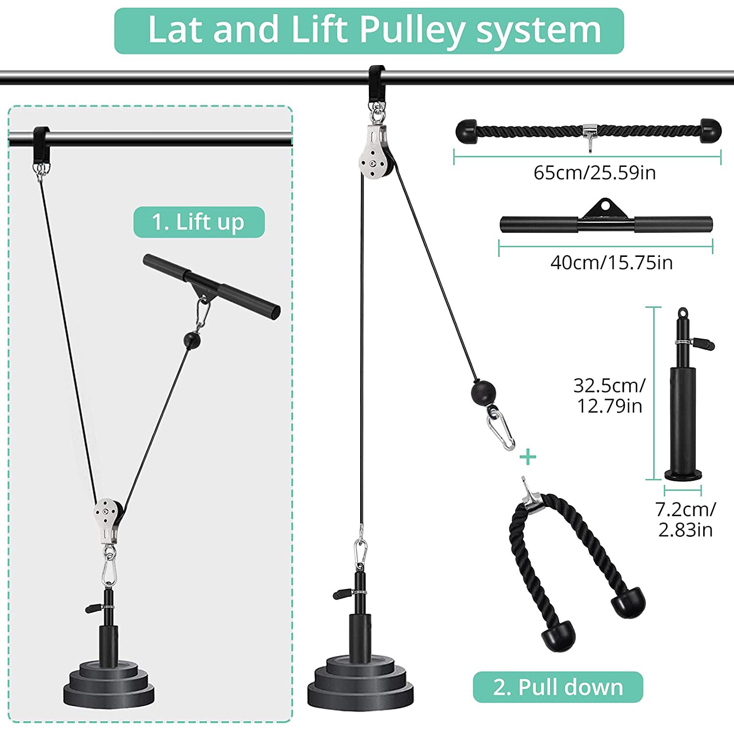 VinTeam Fitness Pulley System, Pulley Cable Machine DIY Fitness Home Gym Equipment Workout Accessories with Tricep Rope, LAT Pull Down Bar, Gym Cable for Triceps Extensions, Biceps Curl, Forearm