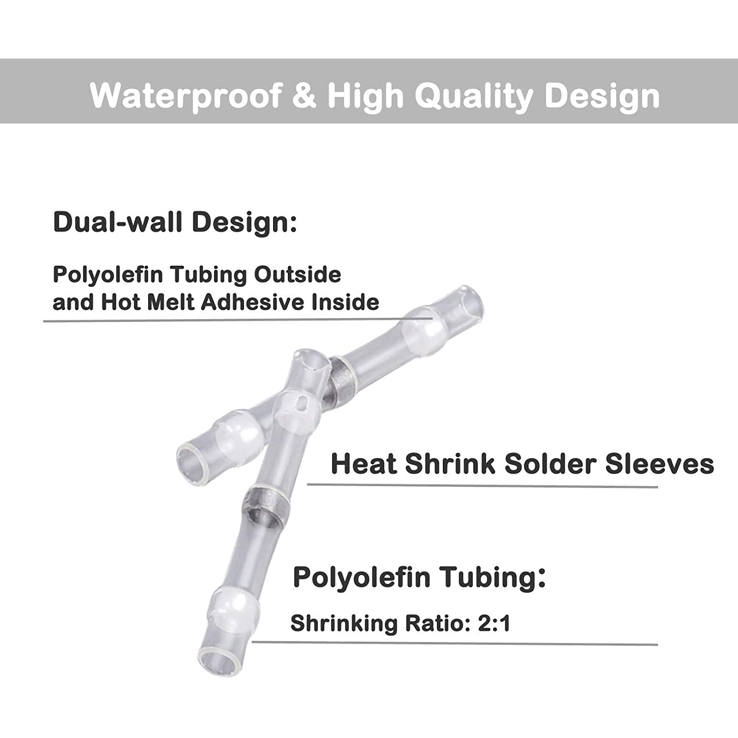 VinTeam 50PCS Heat Shrink Butt Connectors Waterproof Solder Seal Wire Connectors Electrical Wire Butt Terminals Non Crimp Wire Splice Connectors 26-24 AWG
