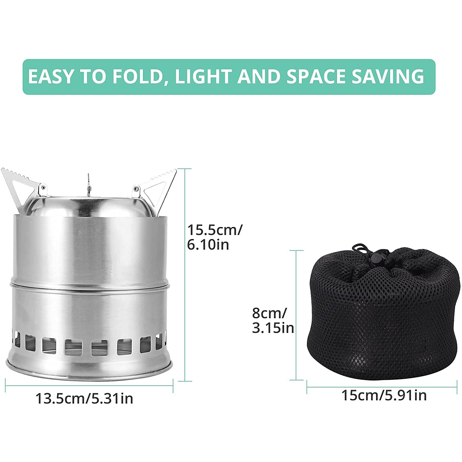 VINTEAM Camping Stove, Wood Stove Stainless Steel Backpacking Stove Potable Wood Burning Stoves with Carrying Bag for Picnic BBQ Camp Hiking with Grill Grid