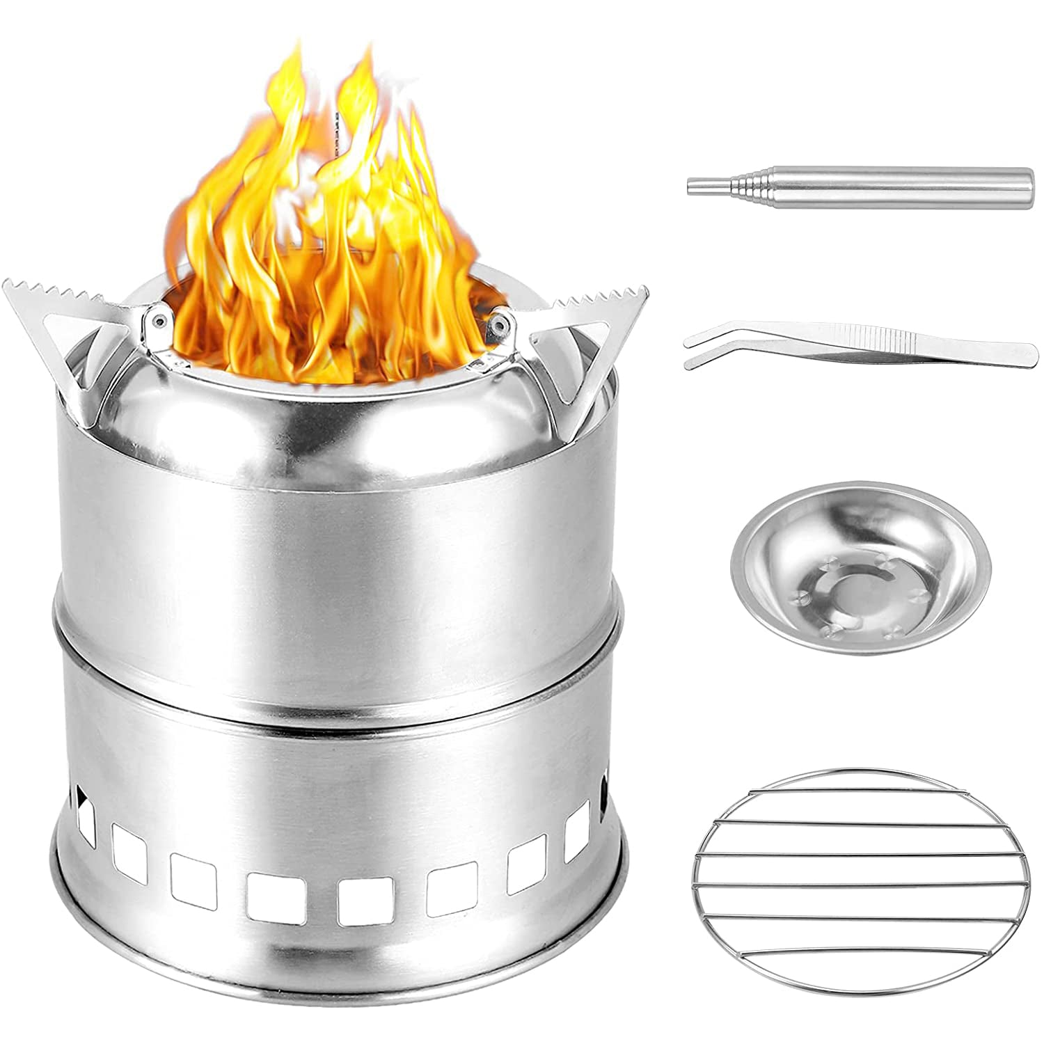 VINTEAM Camping Stove, Wood Stove Stainless Steel Backpacking Stove Potable Wood Burning Stoves with Carrying Bag for Picnic BBQ Camp Hiking with Grill Grid