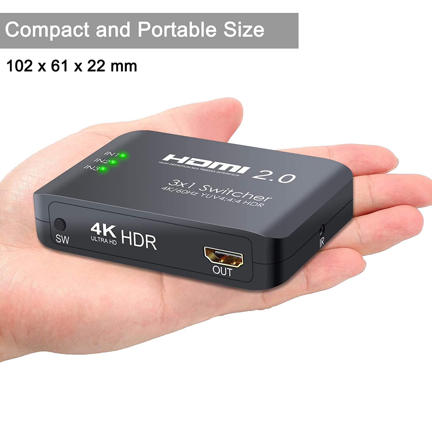 VinTeam HDMI Switch 3 Ports HDMI 2.0 Switcher Support 4K@60Hz YUV 4:4:4 and HDR HDMI Hub with IR Remote for Blu-ray One X PS4 Pro TV Box Laptop Projector HDTV