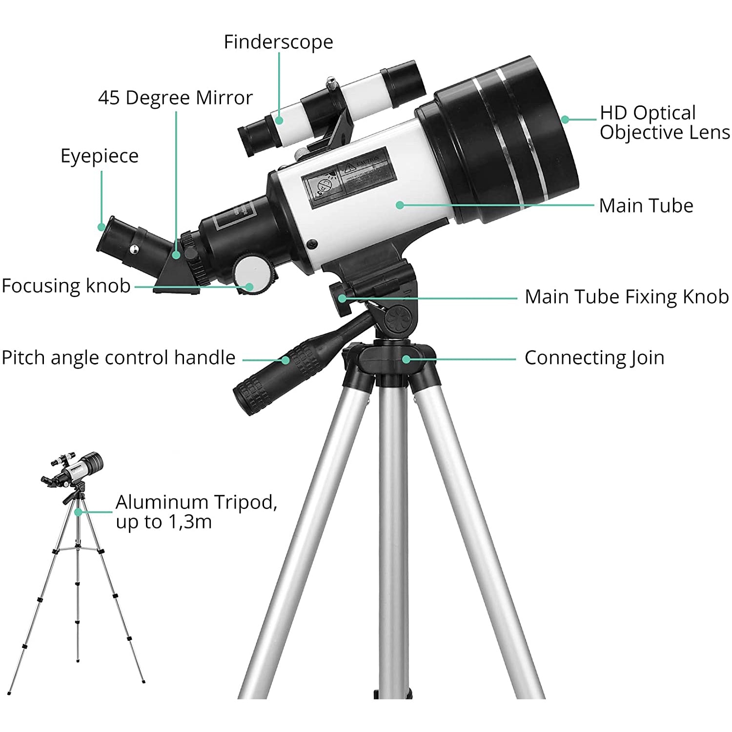 Telescope for Kids and Beginner, VinTeam Professional Astronomical Refractor Telescope with 70mm Aperture And 300mm Focal Length, Adjustable Tripod Stand, Refraction Monoculars and Mobile Phone Holder