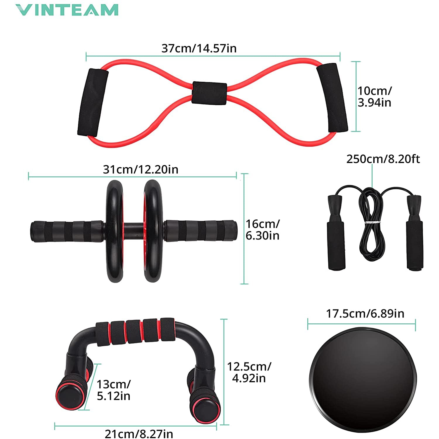 VINTEAM AB Roller Kit, 6-in-1 Wheel Rollers Set with Push-Up Bars, Jump Rope, Knee Pad, Resistance Band, Portable Fitness Equipment for Home & Gym Abdominal Core Exercise Strength Training Workout