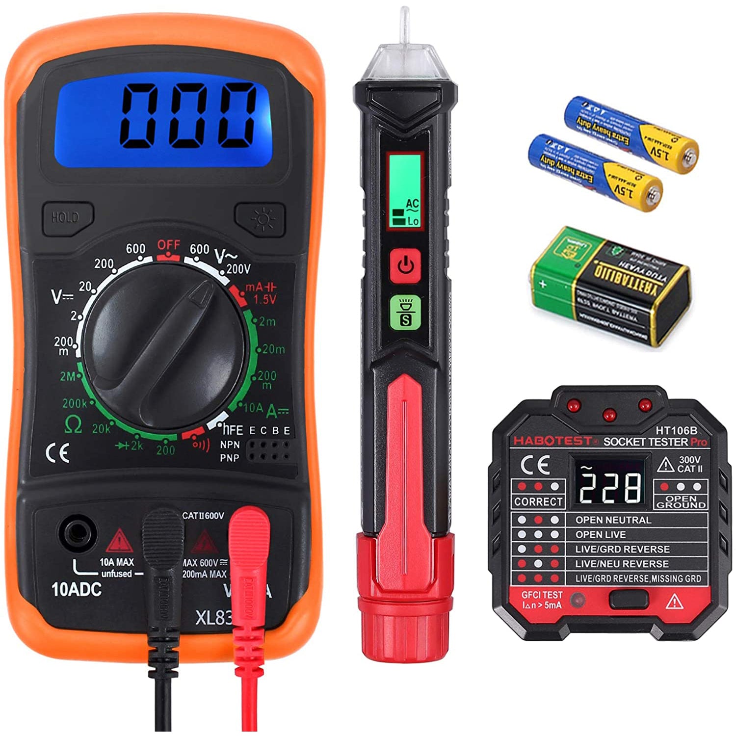VinTeam Voltage Test Kit Digital Multimeter Non-Contact Voltage Tester Pen and Socket Tester Outlet Tester Electrical Test Kit Voltage Detector with LED Flashlight