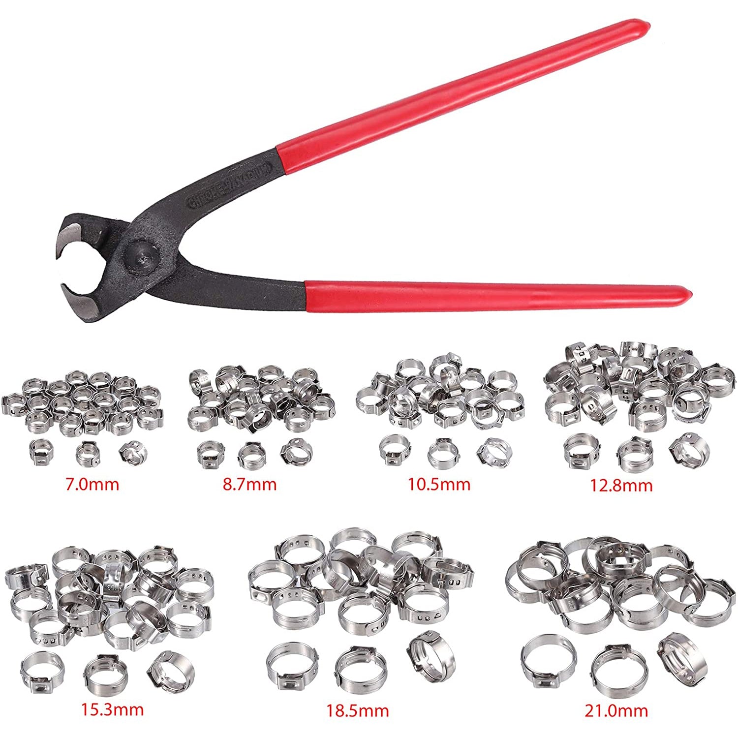 VinTeam 130Pcs Stepless Single Ear 6-21mm 304 Stainless Steel Hose Clamps with Pincers Crimper Tool Kit Cinch Clamp Rings & PEX Cinch Clamp Ear Hose Clamps Crimping Tool Kit Crimp Clamp Assortment