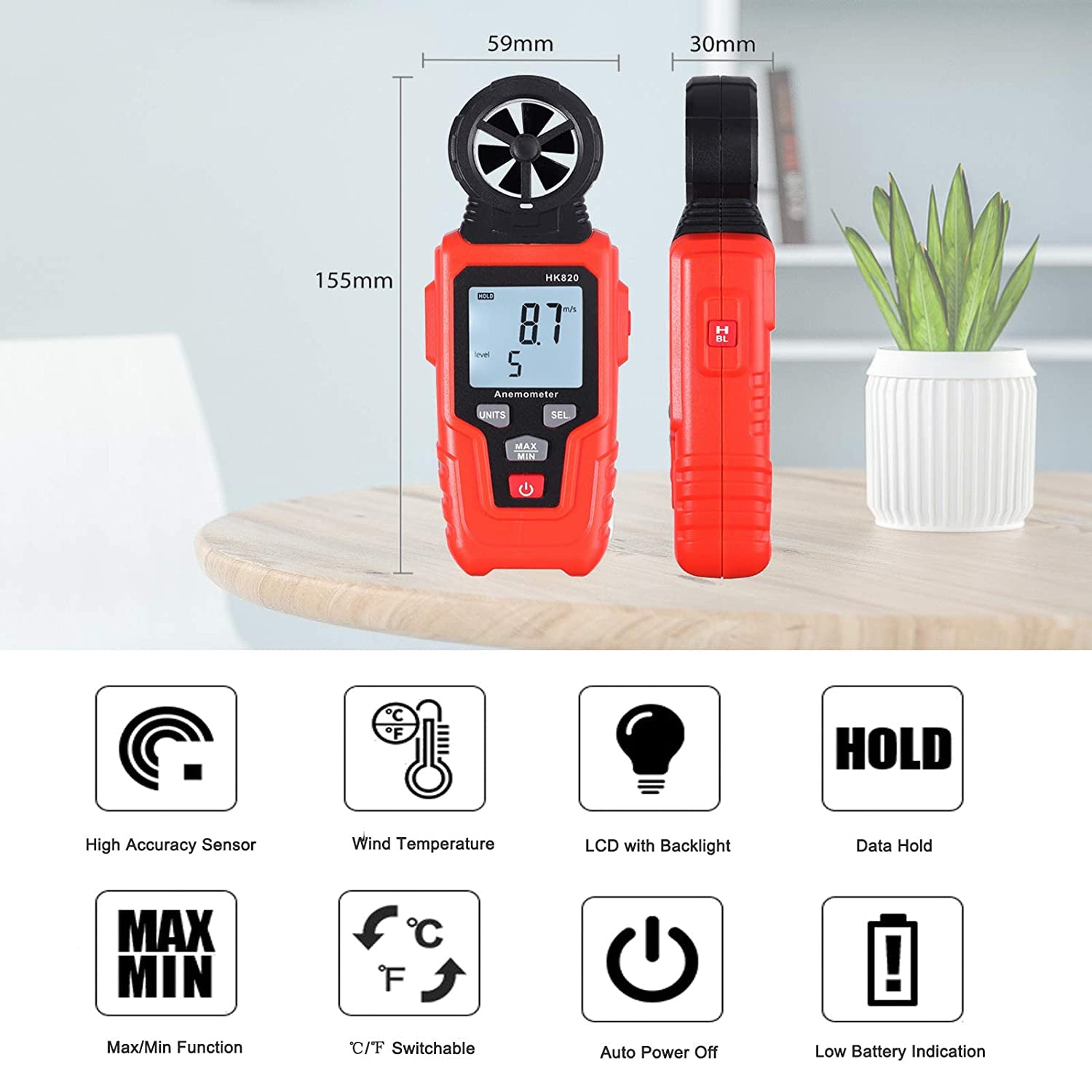 VinTeam Digital Anemometer Wind Speed Meter Wind Gauge Weather Monitor Handheld Anemometer with Backlit Support Wind Temperature Air Volume Measuring for Windsurfing Sailing Surfing Fishing Kite Flyin