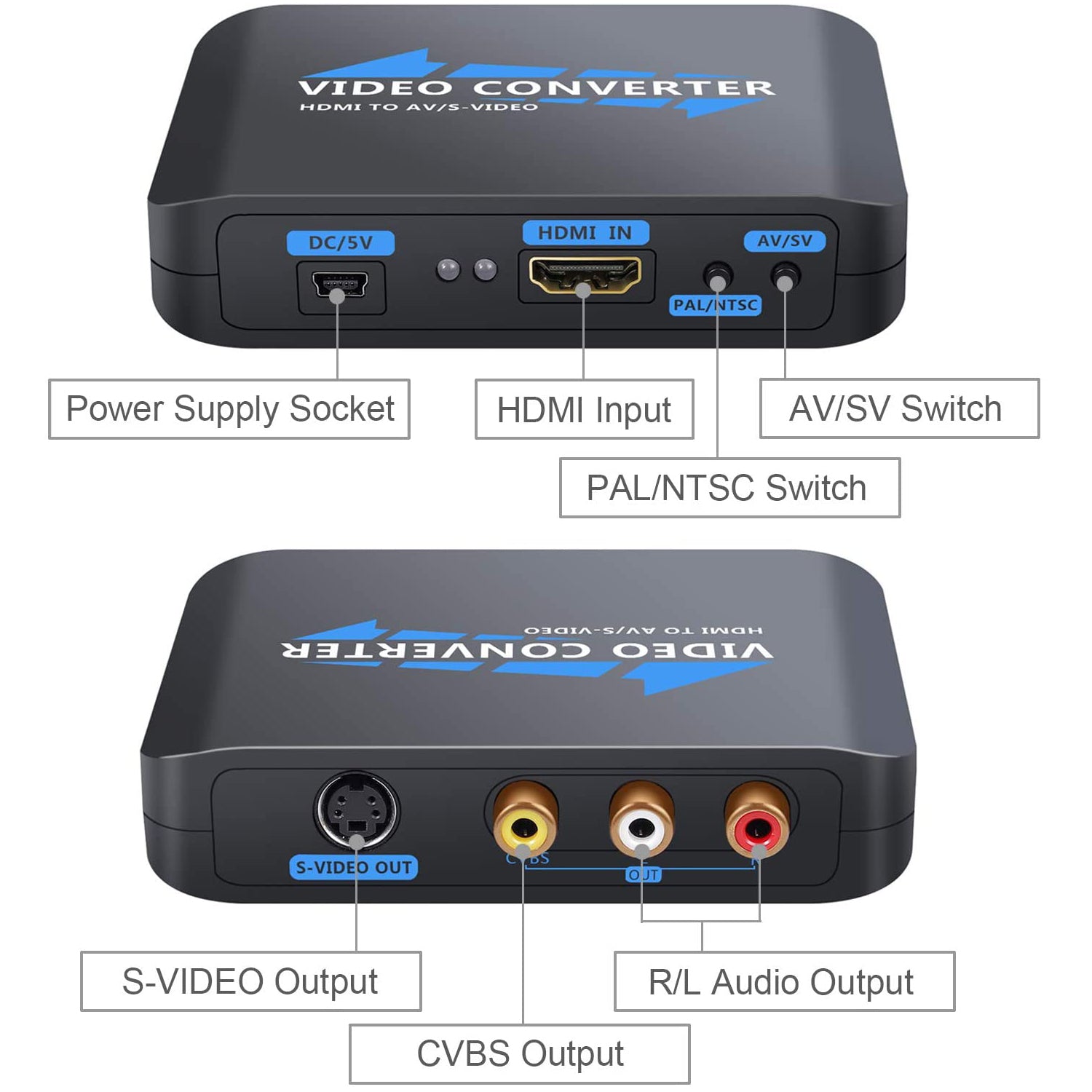 VinTeam HDMI to AV S-Video Converter 1080P HDMI to Composite 3RCA AV CVBS S-Video R/L Audio Converter Upscaler Support PAL/NTSC with RCA/S-Video Cable for PC PS3 TV STB VHS VCR Camera DVD
