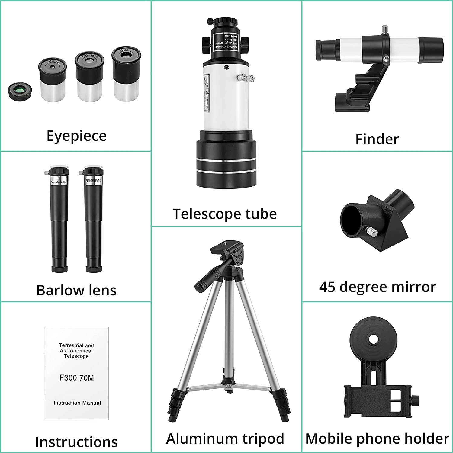 Telescope for Kids and Beginner, VinTeam Professional Astronomical Refractor Telescope with 70mm Aperture And 300mm Focal Length, Adjustable Tripod Stand, Refraction Monoculars and Mobile Phone Holder