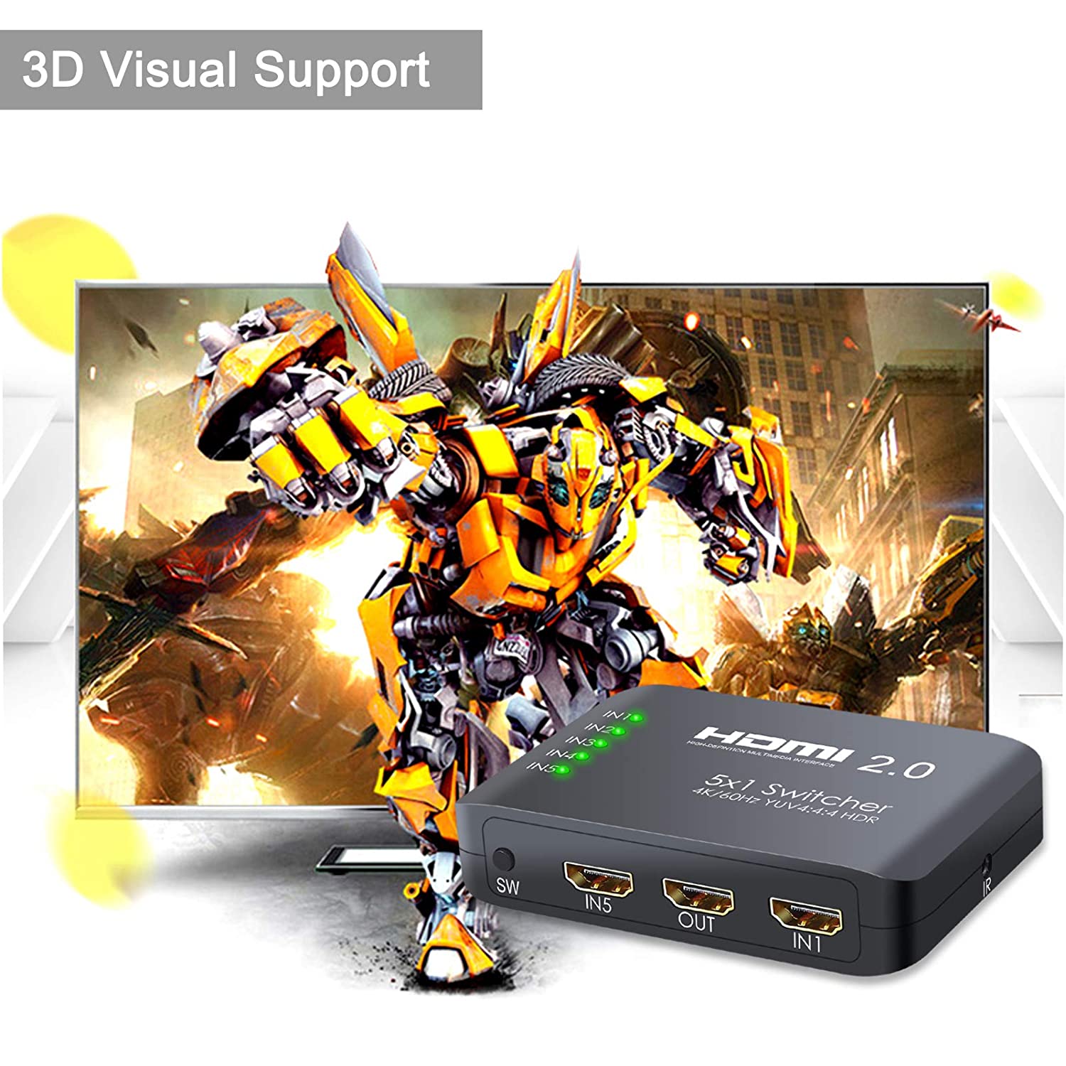 VinTeam HDMI Switch 5 Ports HDMI 2.0 Switcher Support 4K@60Hz YUV 4:4:4 and HDR HDMI Hub with IR Remote for Blu-ray One X PS4 Pro TV Box Laptop Projector HDTV