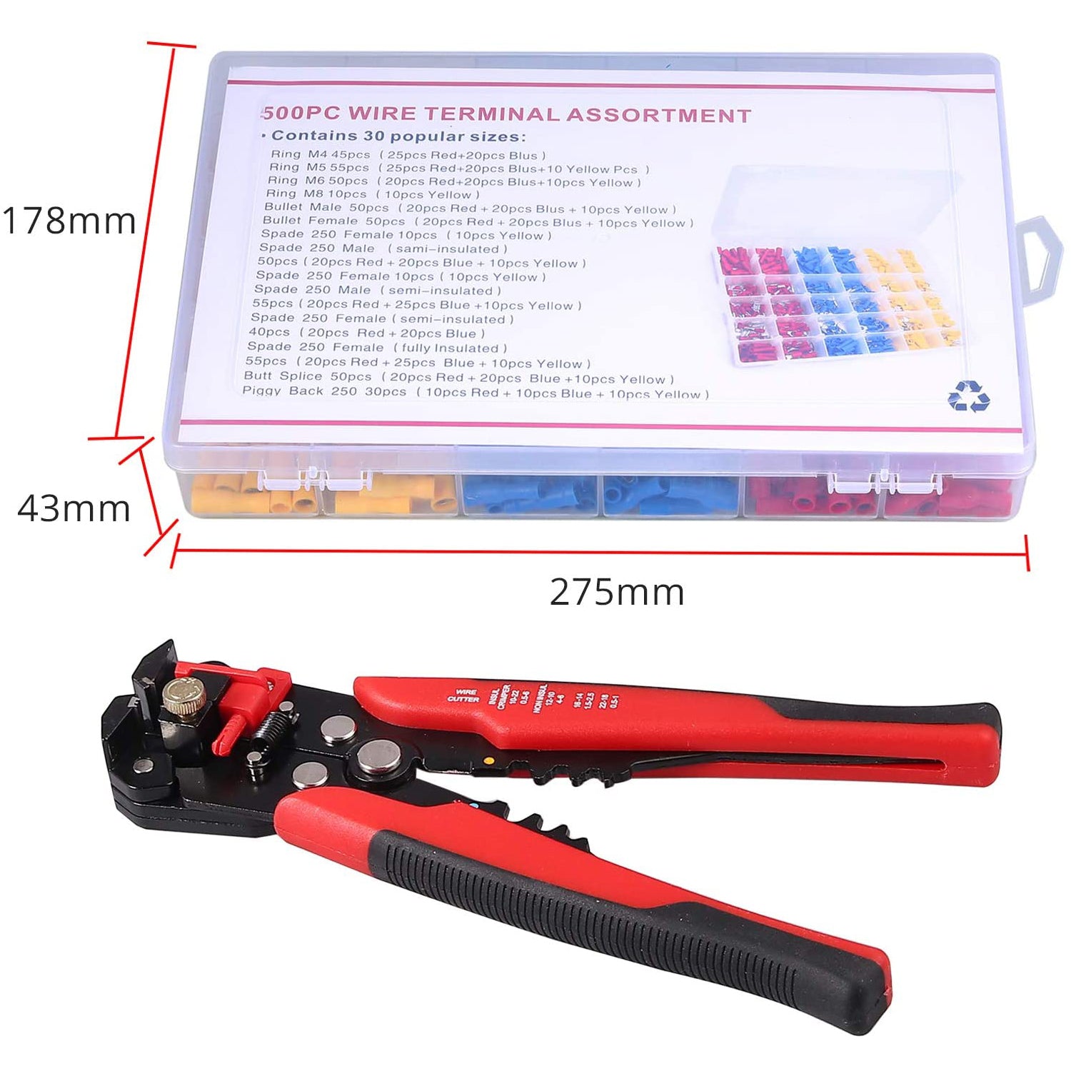 VinTeam Self-adjustable Wire Stripper Crimping Plier with 500pcs Crimp Connectors Terminal 10-22awg(0.5-6.0mm) Ferrule Crimper Pliers for Wiring Projects