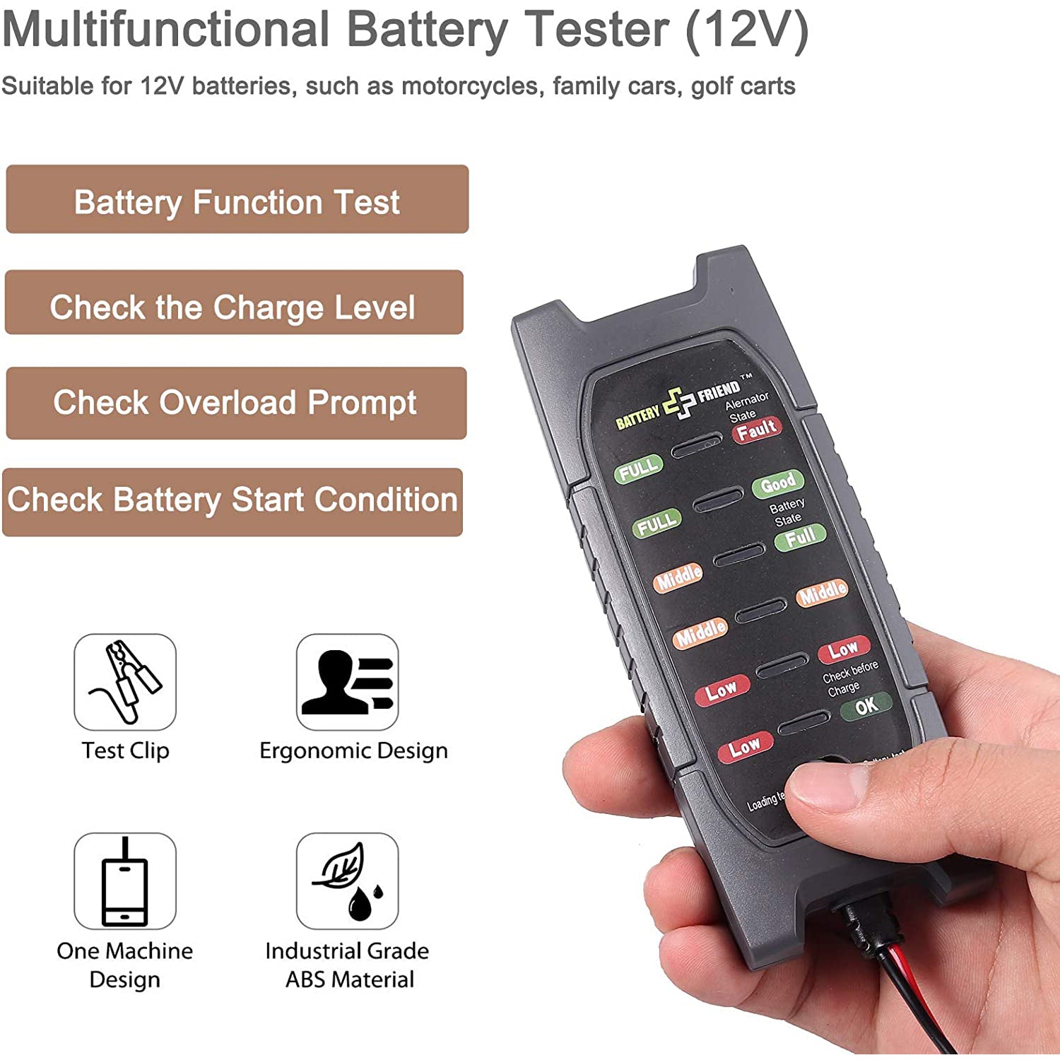 VinTeam Car Battery Tester 12V 6 LED Display Digital Alternator Tester, Multi Functions Tester for Car Motorcycle