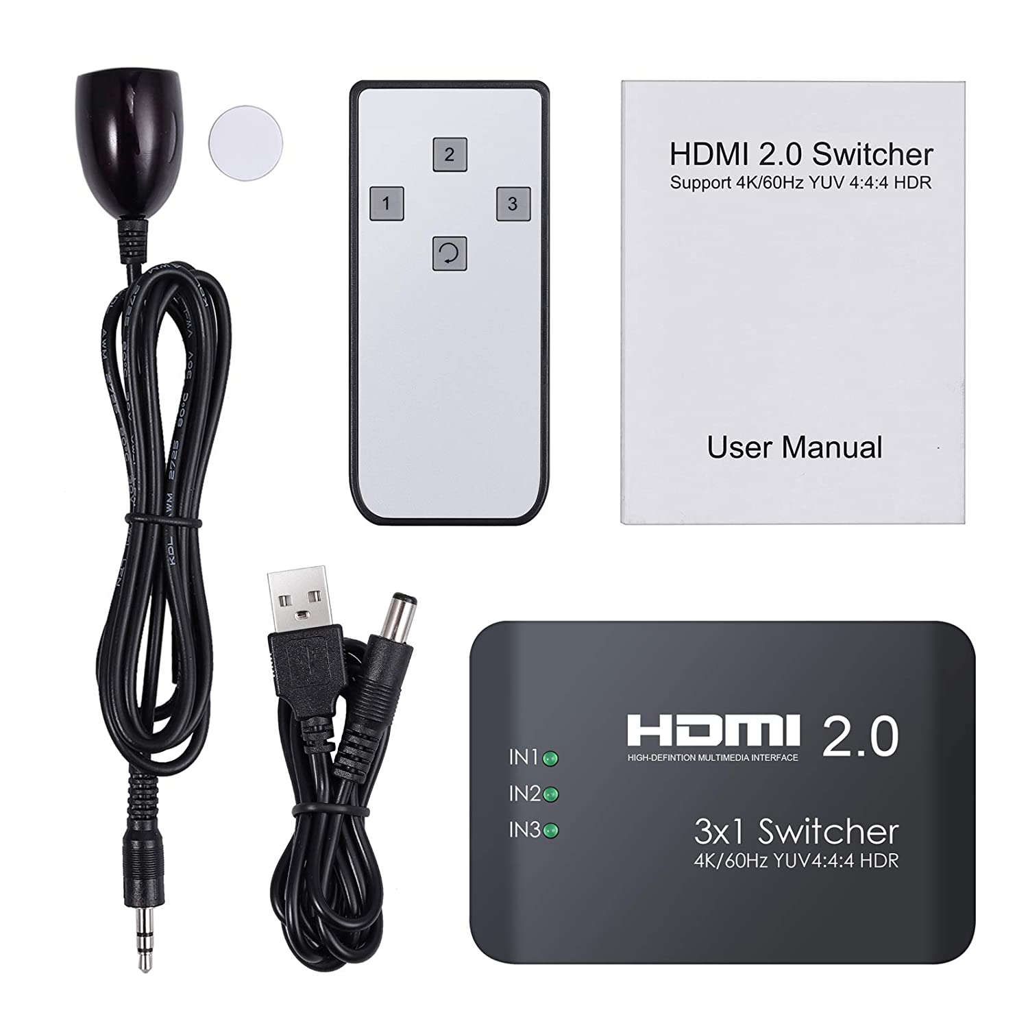 VinTeam HDMI Switch 3 Ports HDMI 2.0 Switcher Support 4K@60Hz YUV 4:4:4 and HDR HDMI Hub with IR Remote for Blu-ray One X PS4 Pro TV Box Laptop Projector HDTV