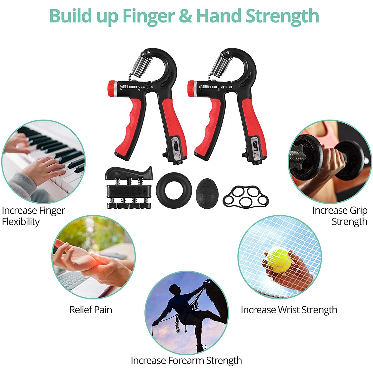 VINTEAM Hand Grip Exerciser Strengthener, 6pcs Hand Grip Strength Trainer with 5-60KG Adjustable Resistance Forearm Workout, Finger Strengthener for Hand Exercise