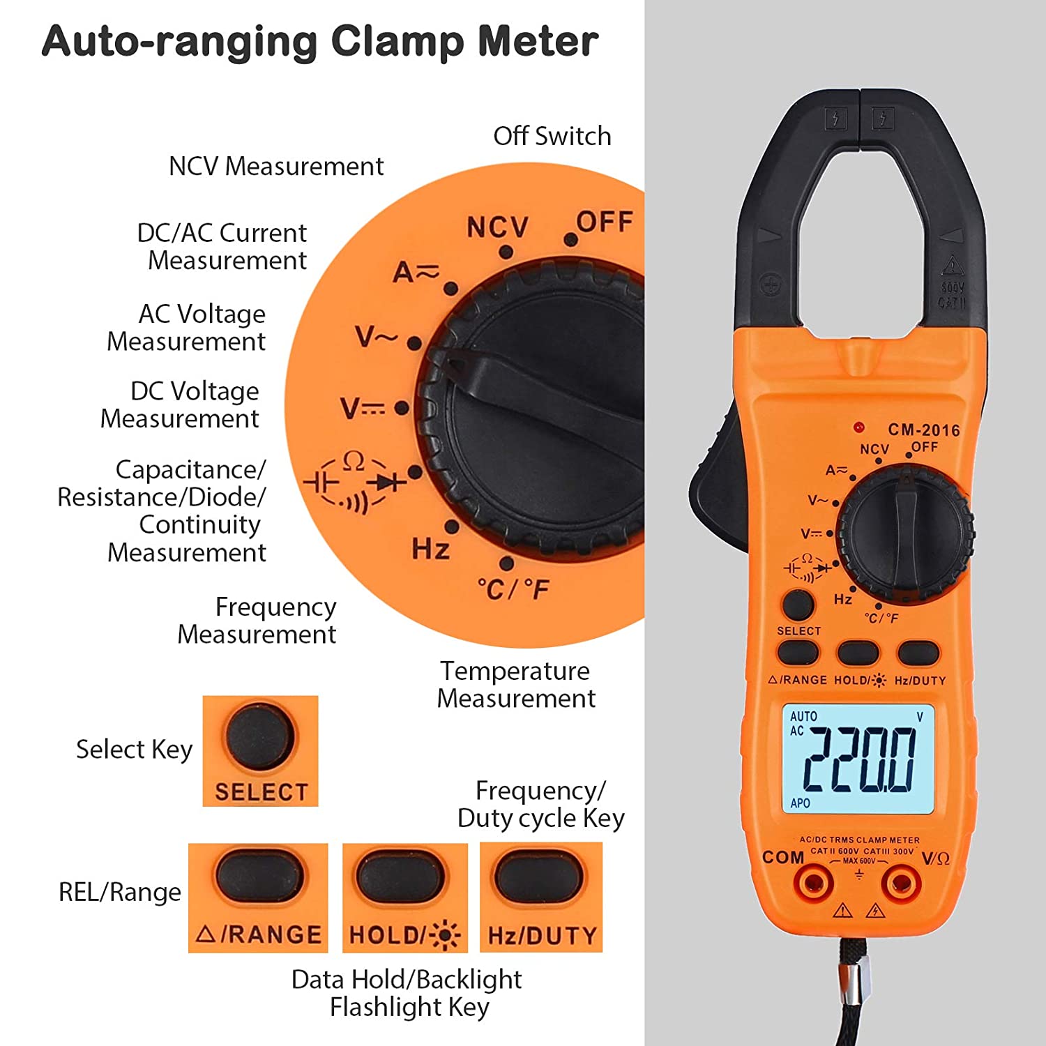 VinTeam Clamp Meter Amp Meter Digital TRMS Multimeter 6000 Counts 600A with Auto-ranging DC/AC Current AC/DC Voltage NCV Continuity Capacitance Resistance Frequency Diode Hz Test