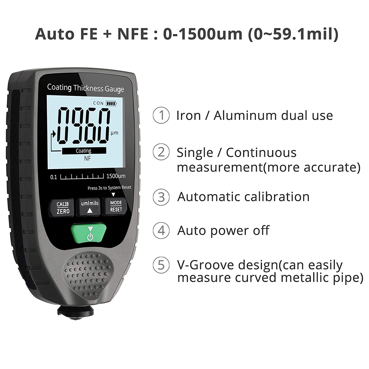 VinTeam Car Paint Coating Thickness Gauge Meter Handheld with Backlight LCD Display for Steel Aluminum Car 0-1500um