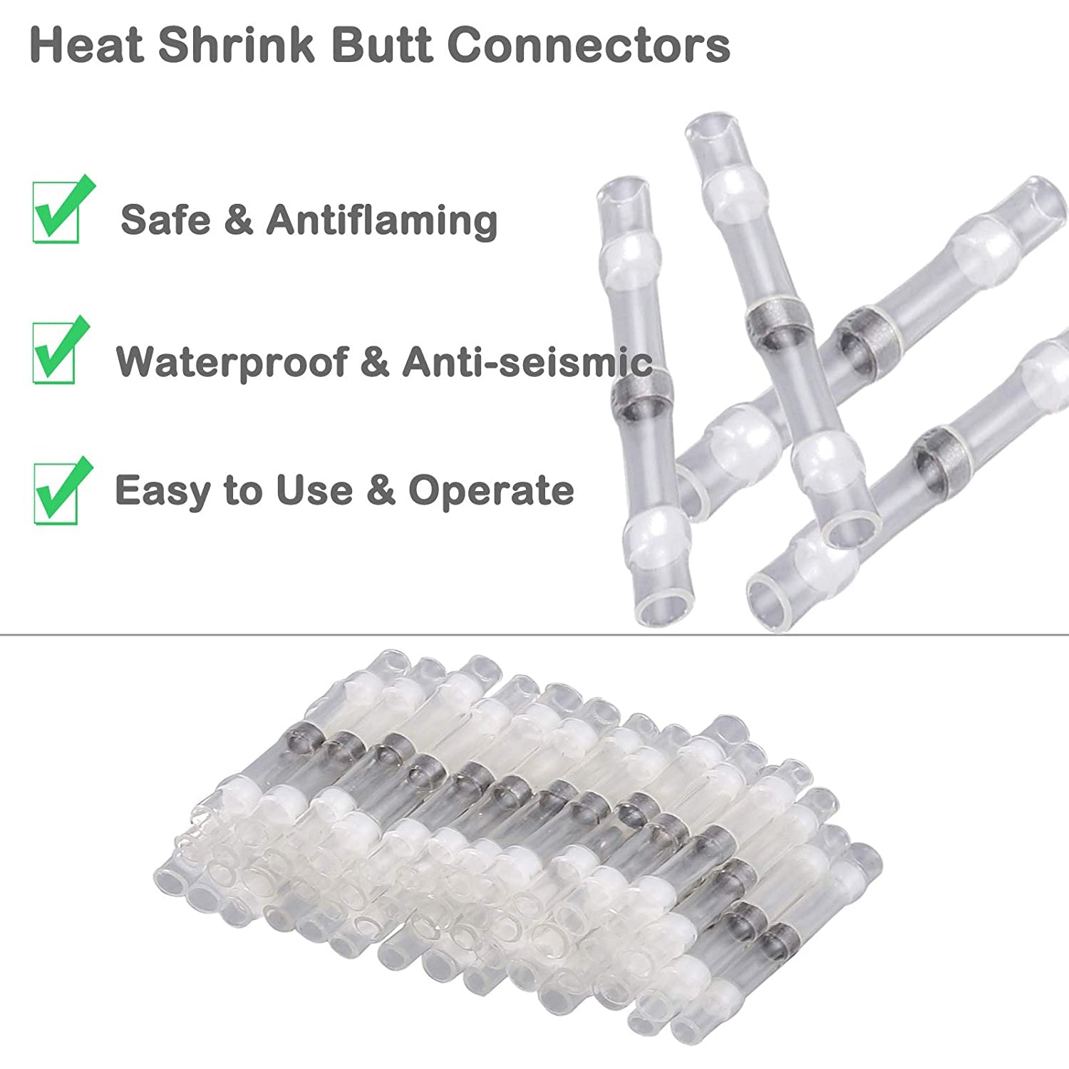 VinTeam 50PCS Heat Shrink Butt Connectors Waterproof Solder Seal Wire Connectors Electrical Wire Butt Terminals Non Crimp Wire Splice Connectors 26-24 AWG