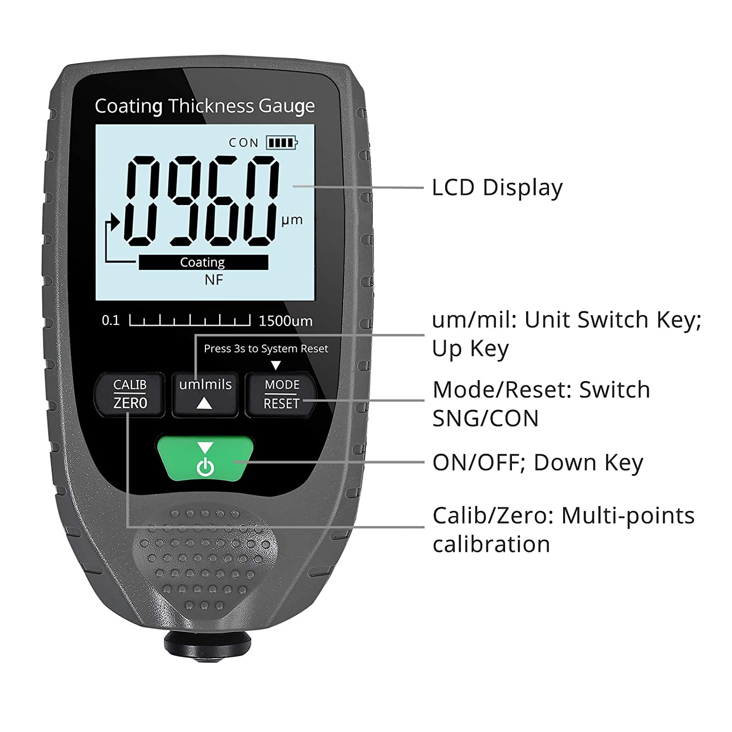 VinTeam Car Paint Coating Thickness Gauge Meter Handheld with Backlight LCD Display for Steel Aluminum Car 0-1500um