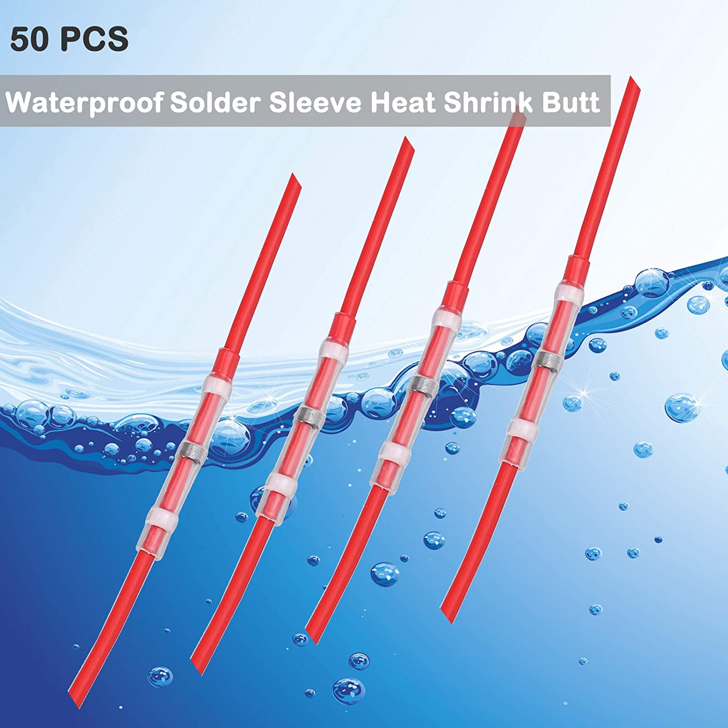 VinTeam 50PCS Heat Shrink Butt Connectors Waterproof Solder Seal Wire Connectors Electrical Wire Butt Terminals Non Crimp Wire Splice Connectors 26-24 AWG