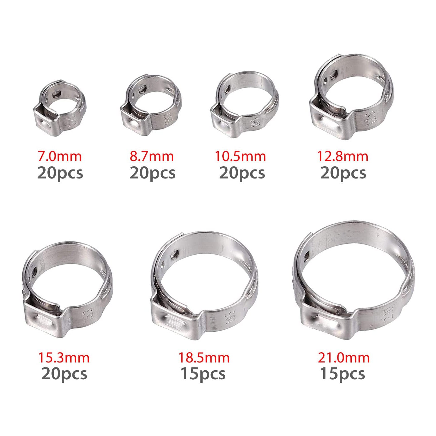 VinTeam 130Pcs Stepless Single Ear 6-21mm 304 Stainless Steel Hose Clamps with Pincers Crimper Tool Kit Cinch Clamp Rings & PEX Cinch Clamp Ear Hose Clamps Crimping Tool Kit Crimp Clamp Assortment