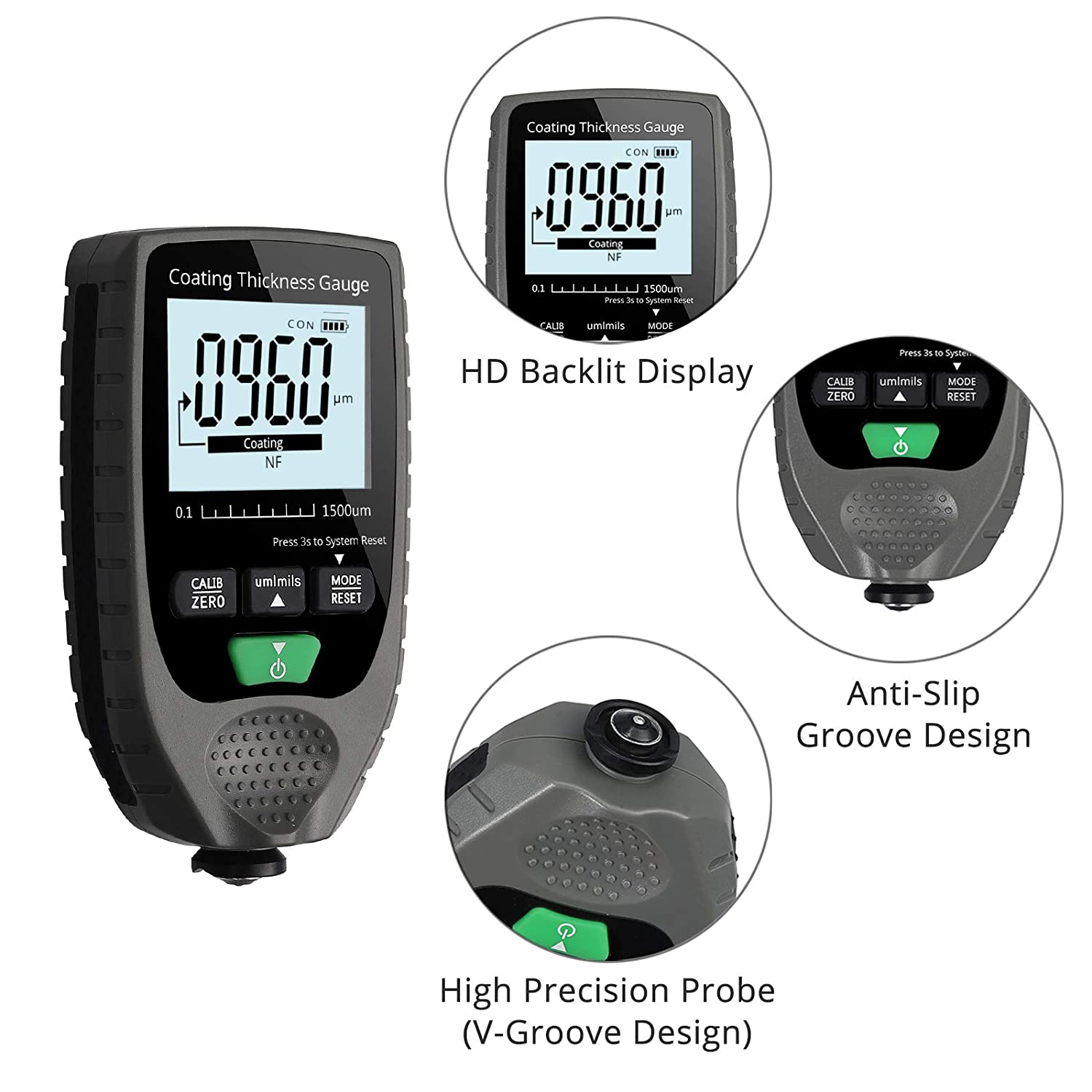 VinTeam Car Paint Coating Thickness Gauge Meter Handheld with Backlight LCD Display for Steel Aluminum Car 0-1500um