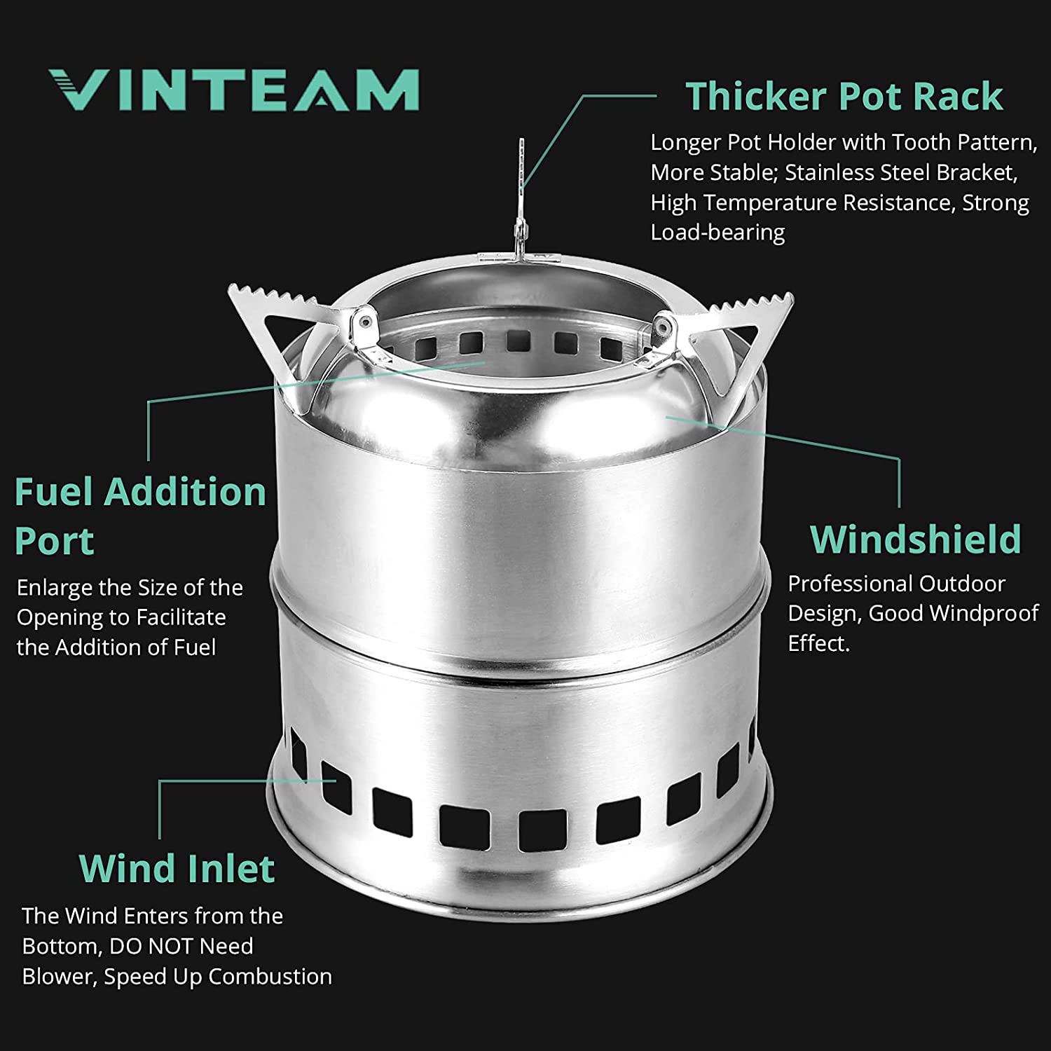 VINTEAM Camping Stove, Wood Stove Stainless Steel Backpacking Stove Potable Wood Burning Stoves with Carrying Bag for Picnic BBQ Camp Hiking with Grill Grid