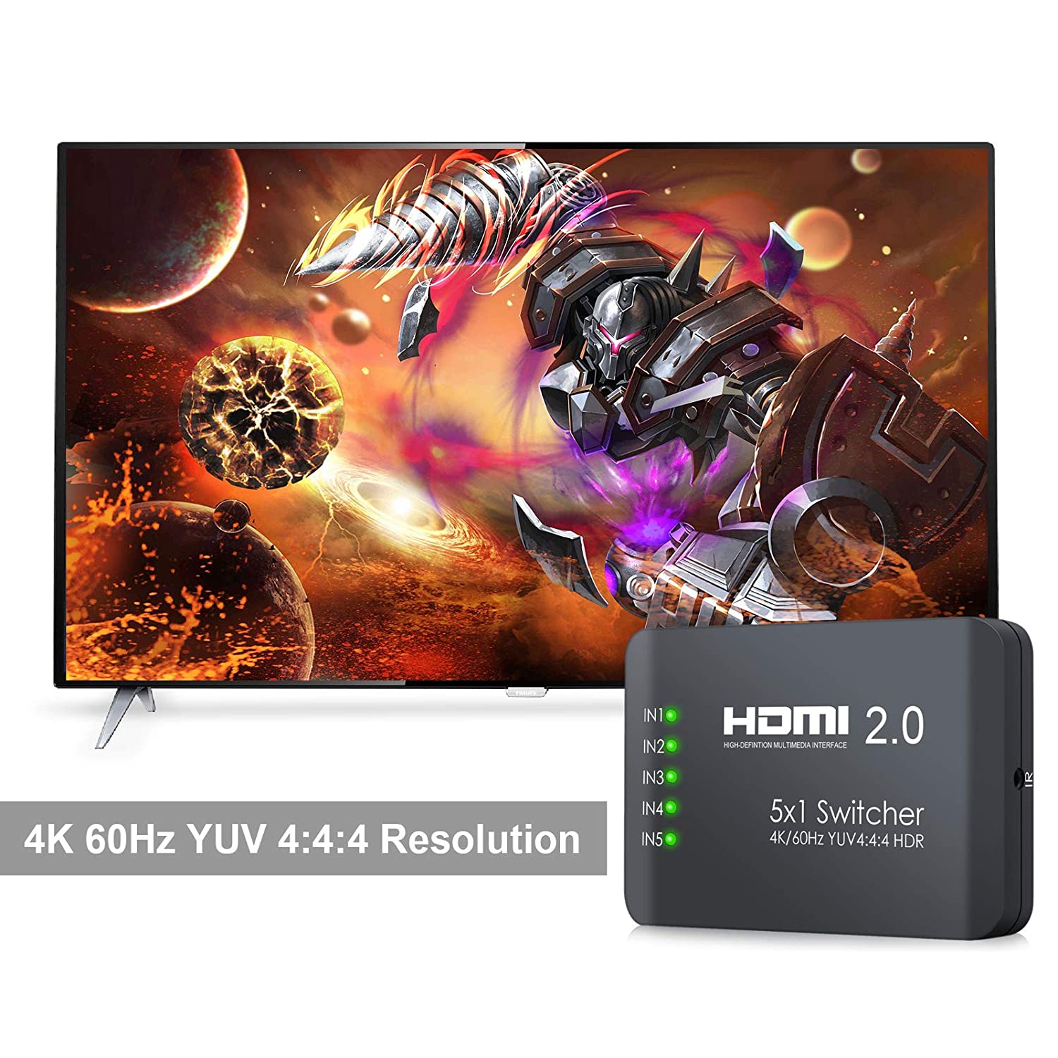 VinTeam HDMI Switch 5 Ports HDMI 2.0 Switcher Support 4K@60Hz YUV 4:4:4 and HDR HDMI Hub with IR Remote for Blu-ray One X PS4 Pro TV Box Laptop Projector HDTV