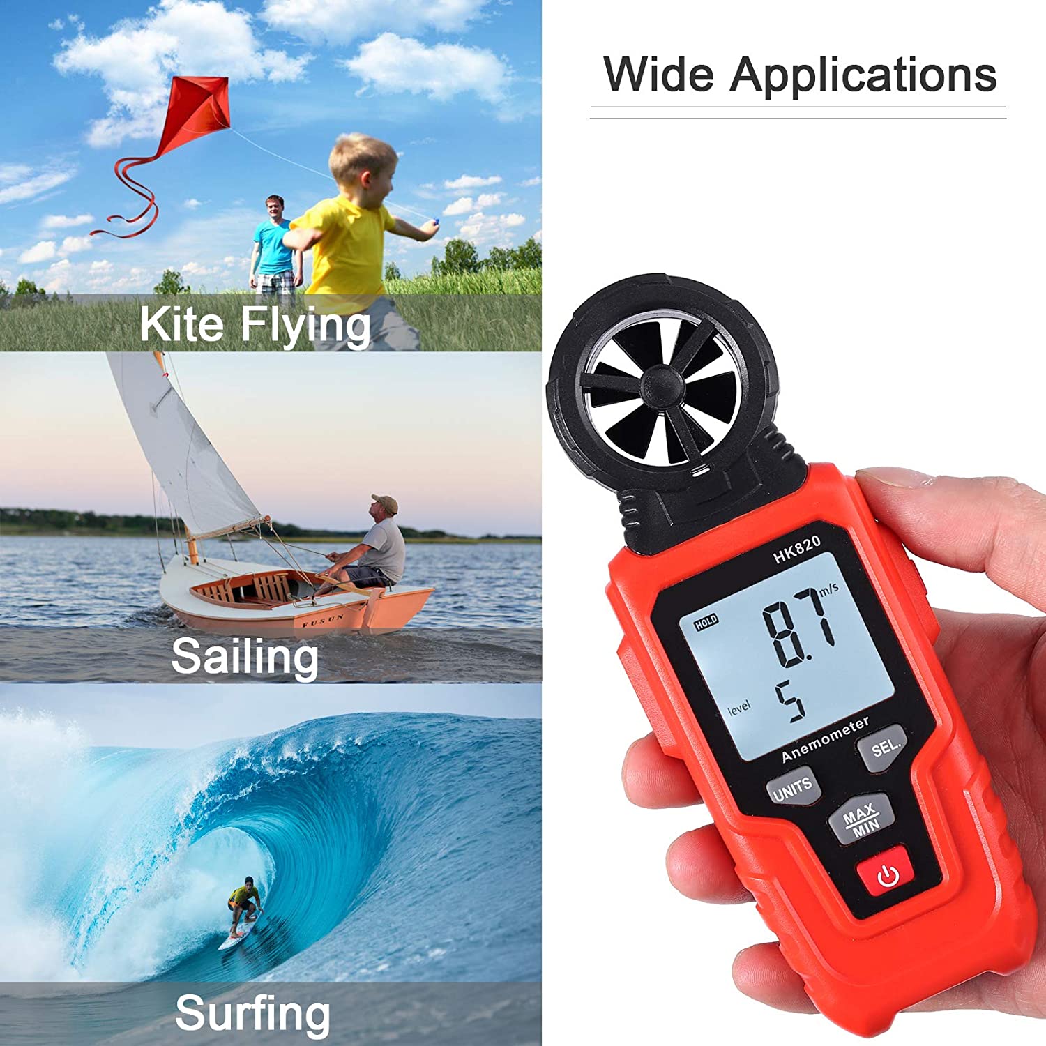 VinTeam Digital Anemometer Wind Speed Meter Wind Gauge Weather Monitor Handheld Anemometer with Backlit Support Wind Temperature Air Volume Measuring for Windsurfing Sailing Surfing Fishing Kite Flyin