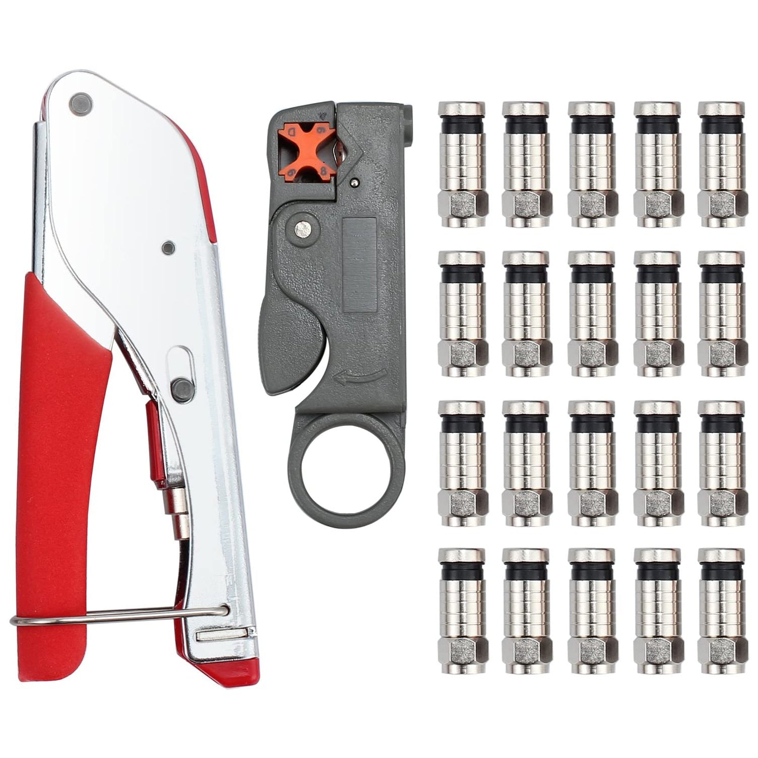 VinTeam Coax Cable Crimper, Coaxial Compression Tool Kit Wire Stripper with Rotary Coaxial Cable Cutter and 20 Pcs F-Type RG6 RG59 Connectors