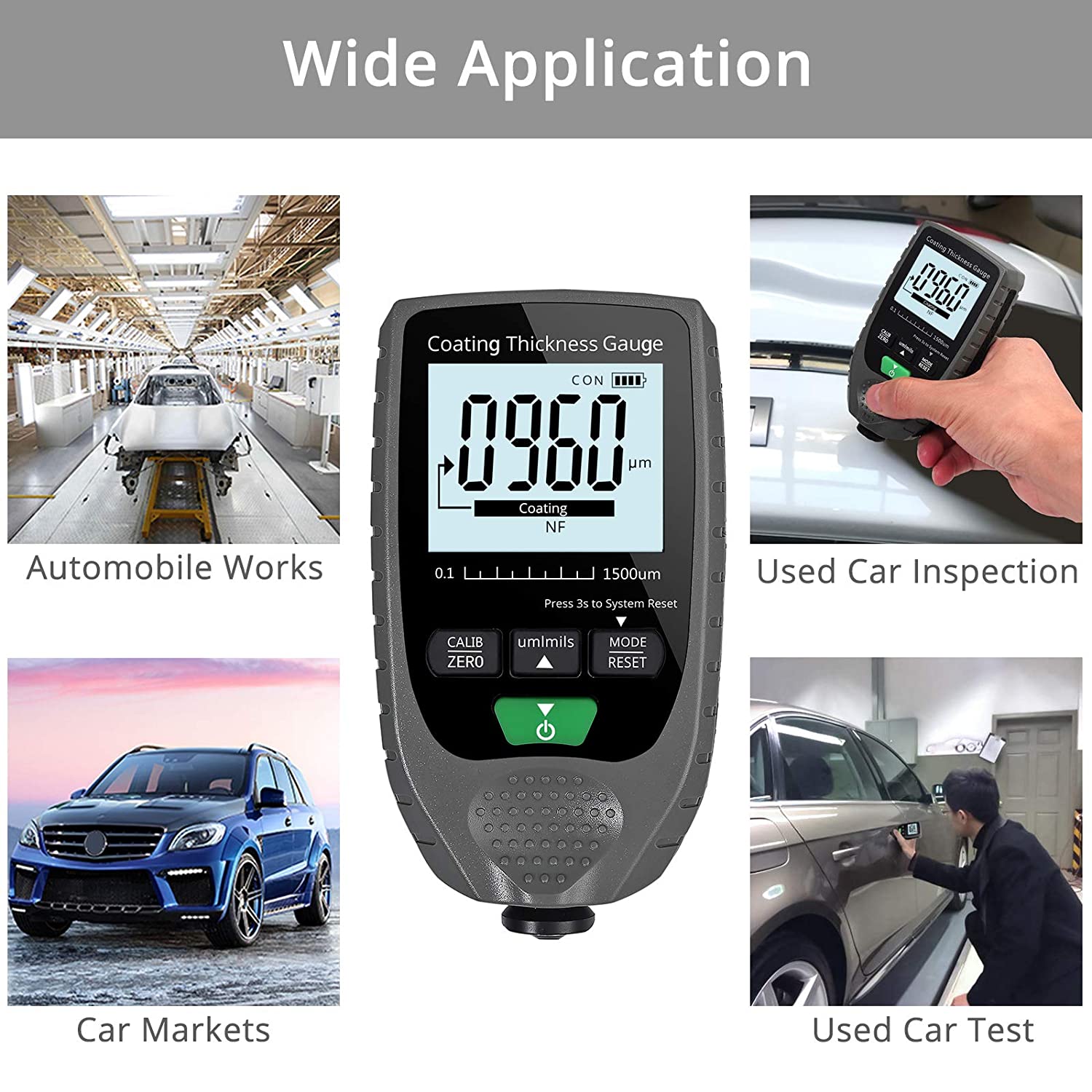 VinTeam Car Paint Coating Thickness Gauge Meter Handheld with Backlight LCD Display for Steel Aluminum Car 0-1500um