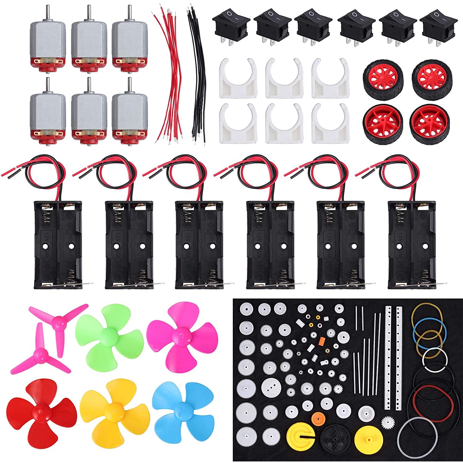 VinTeam 6 Set DC Motor Kit, Rectangular Electric 1.5-3V 24000RPM Mini Motor with 86 Pcs Plastic Gears, Motor Mounting Bracket,Boat Rocker Switch, Shaft Propeller for DIY Science Projects