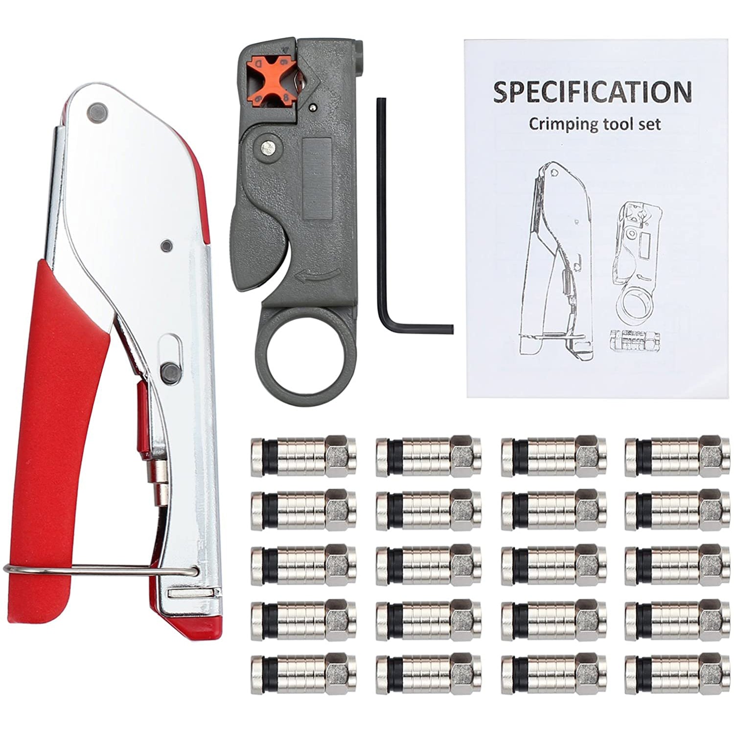 VinTeam Coax Cable Crimper, Coaxial Compression Tool Kit Wire Stripper with Rotary Coaxial Cable Cutter and 20 Pcs F-Type RG6 RG59 Connectors