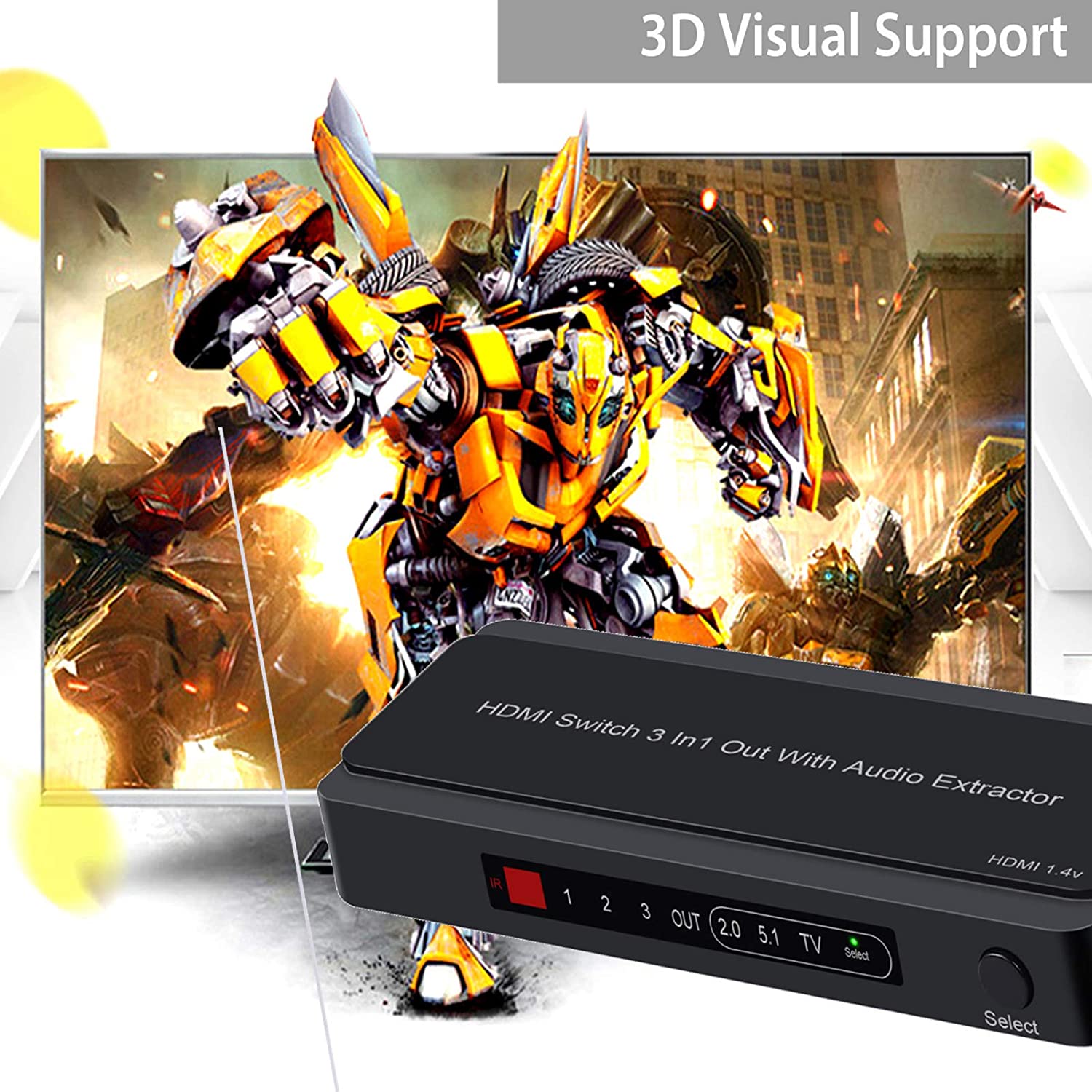 VinTeam HDMI Switch with Audio Extractor 4K 3D HDMI to HDMI and Optical Toslink SPDIF or RCA Audio Output Support PIP for DVD HD Player PS4 Etc