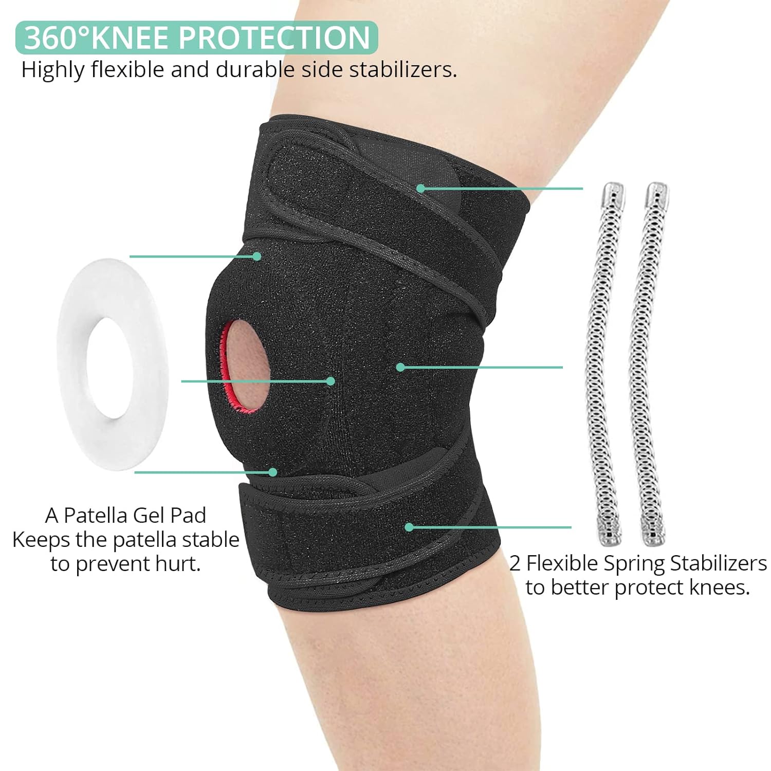 VINTEAM Knee Brace Support 30-50cm Adjustable Neoprene Breathable Knee Sleeve Elastic Compression Knee Protector for Stability,Injury Recovery and Sports Open Patella Dual Stabilizers for Men & Women