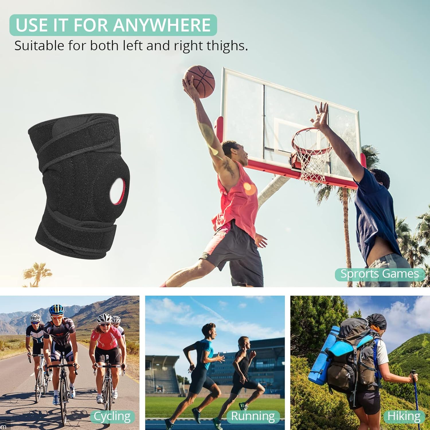 VINTEAM Knee Brace Support 30-50cm Adjustable Neoprene Breathable Knee Sleeve Elastic Compression Knee Protector for Stability,Injury Recovery and Sports Open Patella Dual Stabilizers for Men & Women