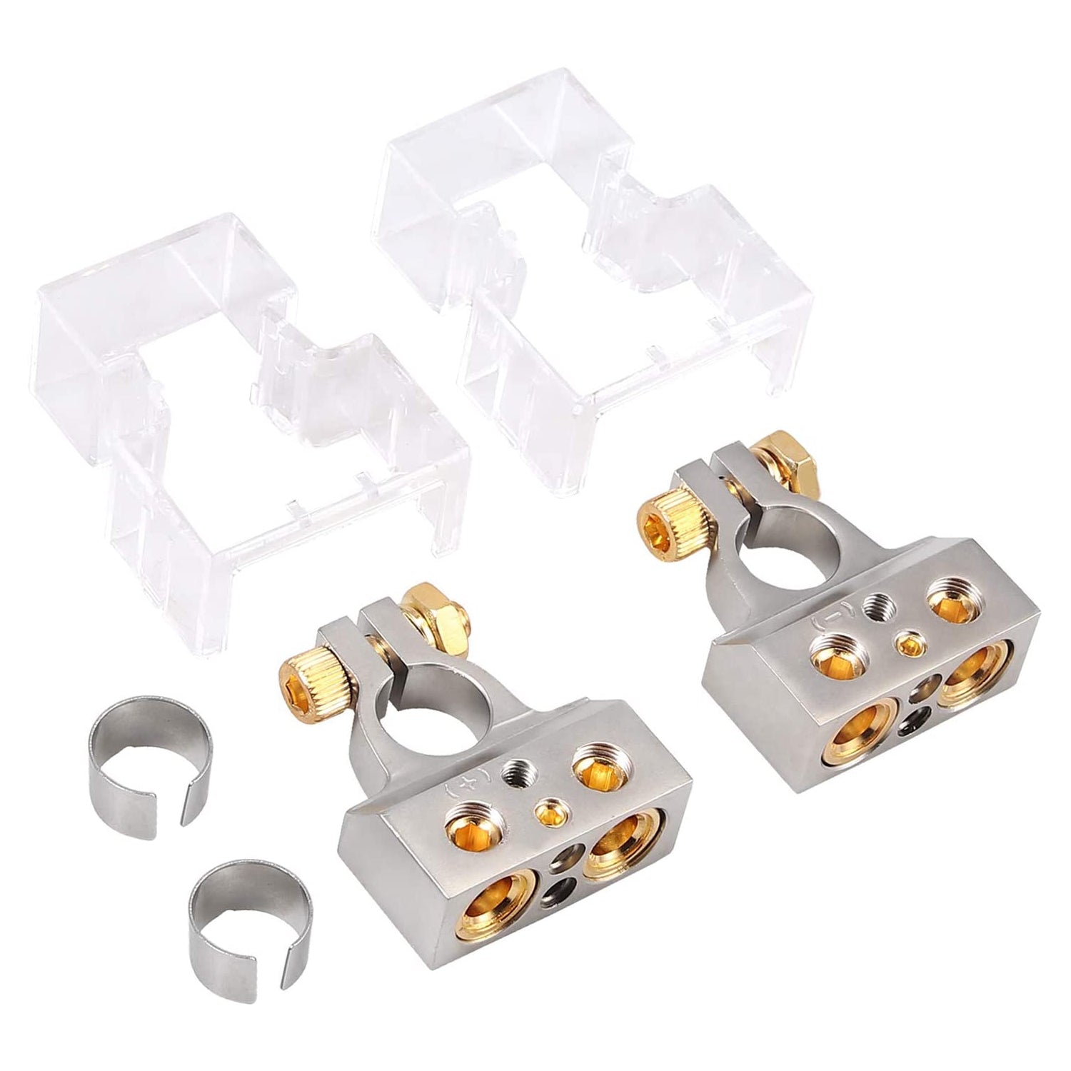 VinTeam Car Battery Terminal Connectors Kit 0/4/8 Or 10 Gauge AWG Positive & Negative Battery Terminal Clamp and Shims (Pair)+/- Battery Terminals for Car Auto Caravan Marine Boat Motorhome