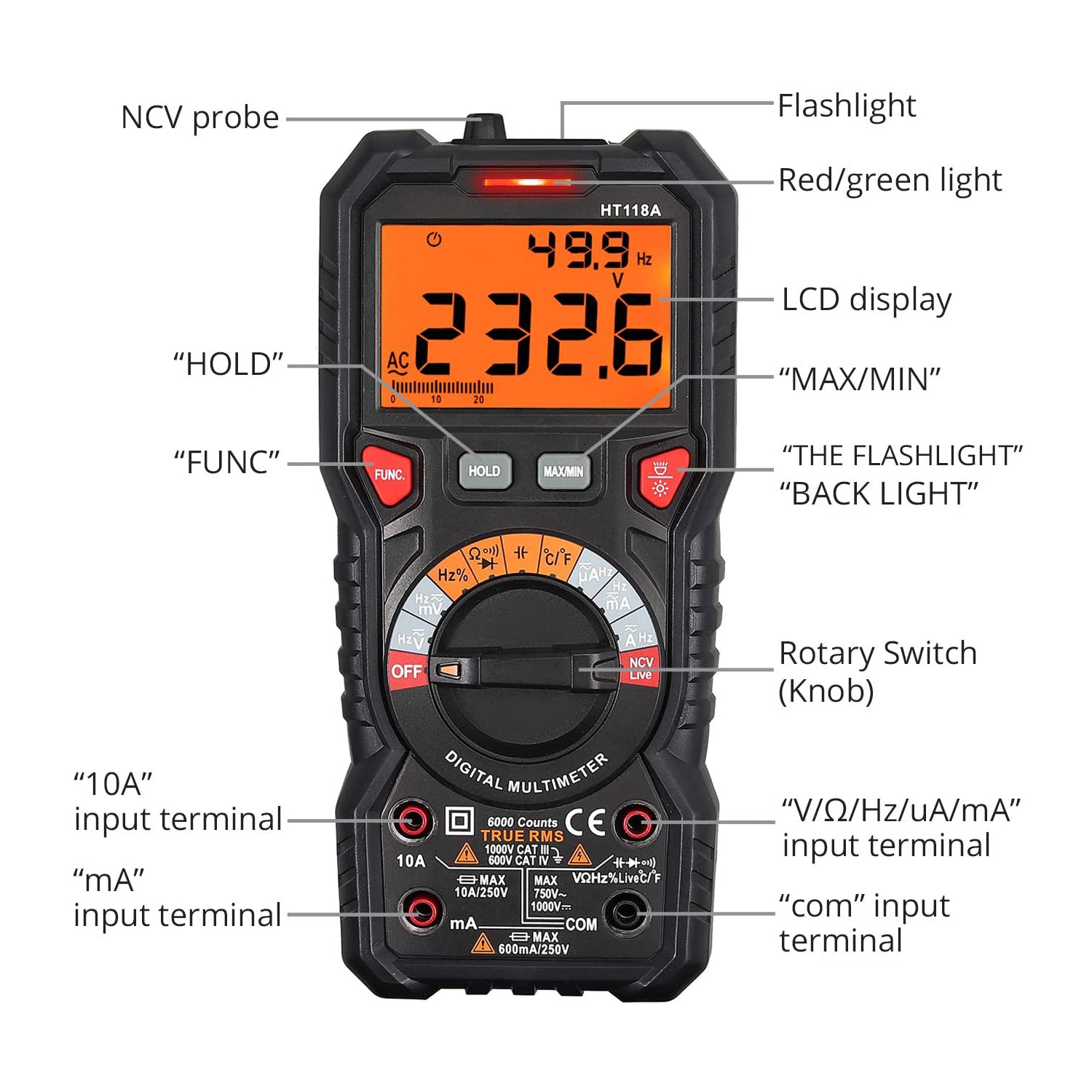 VinTeam Digital Multimeter 6000 Count TRMS Multimeter AC/DC Voltage/Current NCV Capacitance Temperature Resistance Diode Continuity with 5 Colors Multimeter Leads