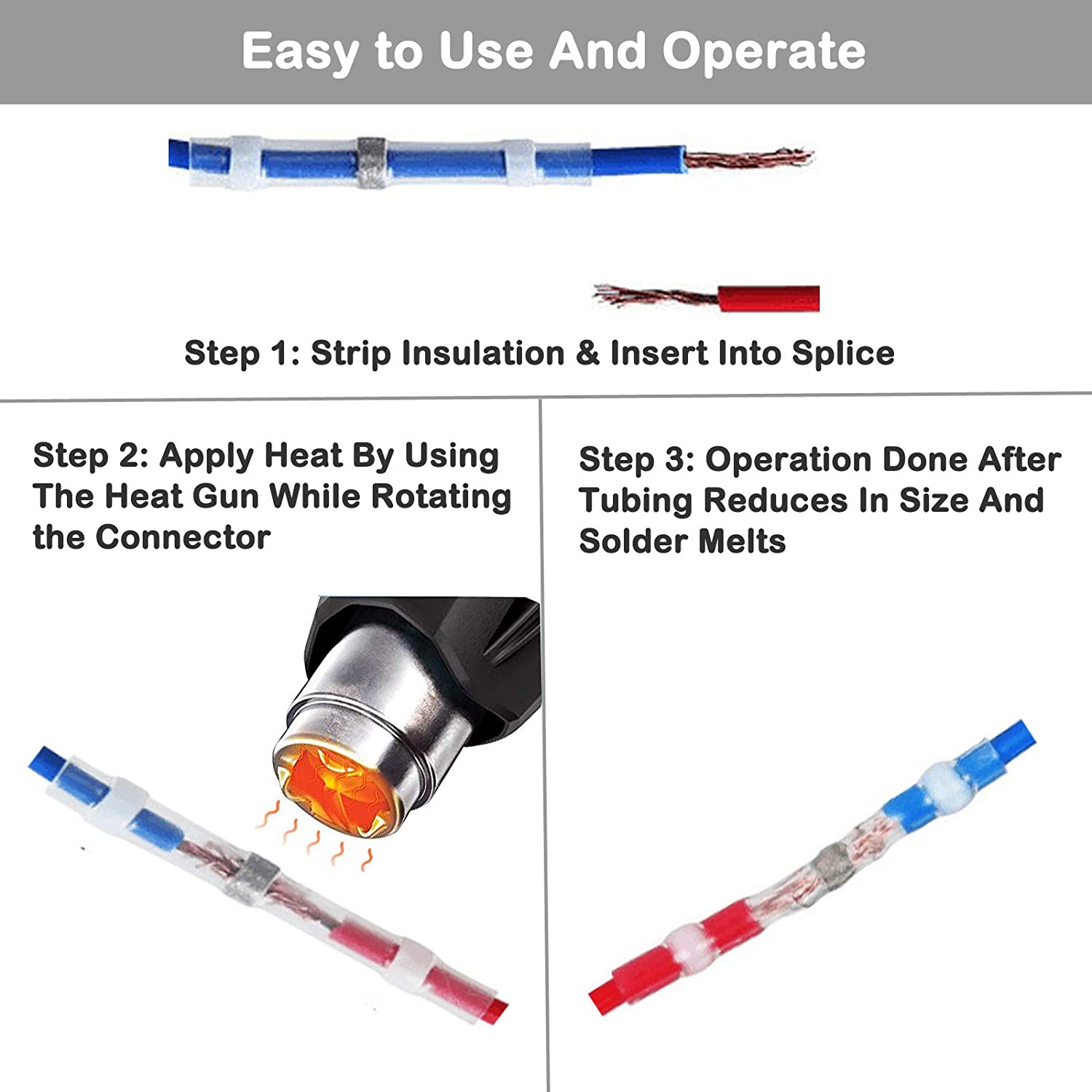 VinTeam 50PCS Heat Shrink Butt Connectors Waterproof Solder Seal Wire Connectors Electrical Wire Butt Terminals Non Crimp Wire Splice Connectors 26-24 AWG